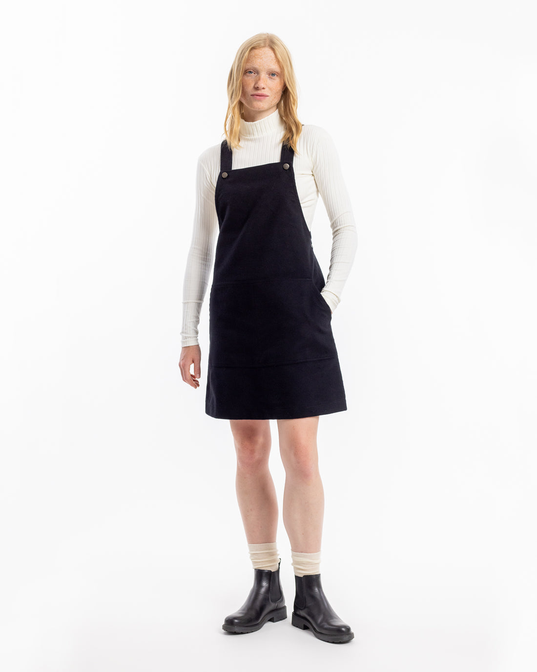 Black moleskin dungaree dress made from 100% organic cotton from Rotholz