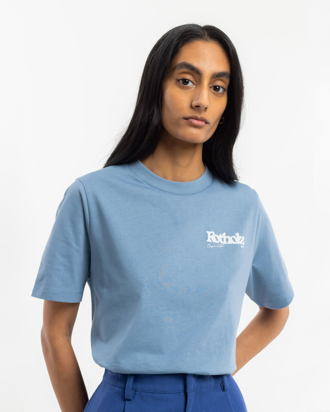 Light blue retro logo T-shirt made from 100% organic cotton by Rotholz