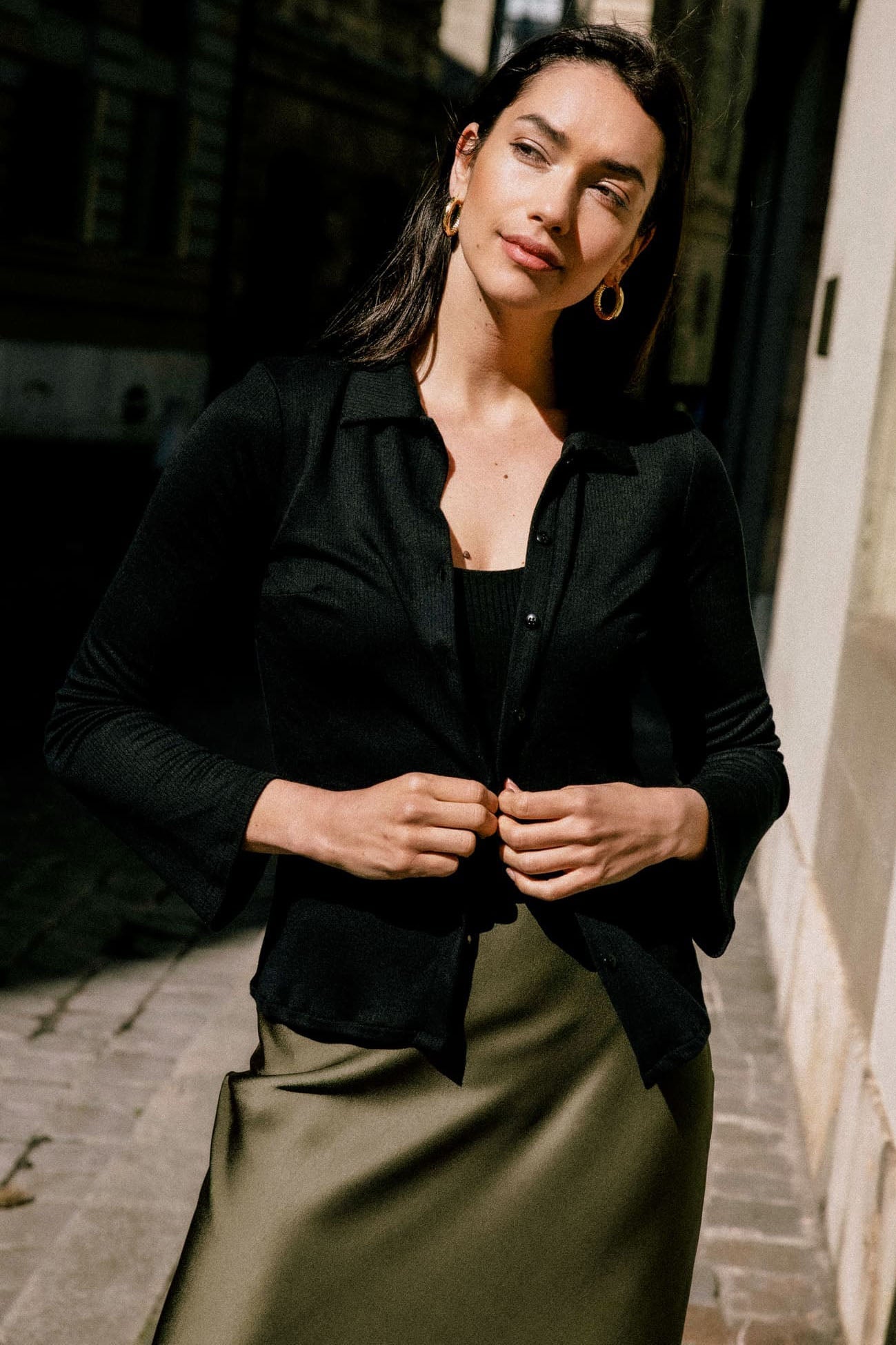 Black long-sleeved polo shirt Mélisse made of Tencel by Avani