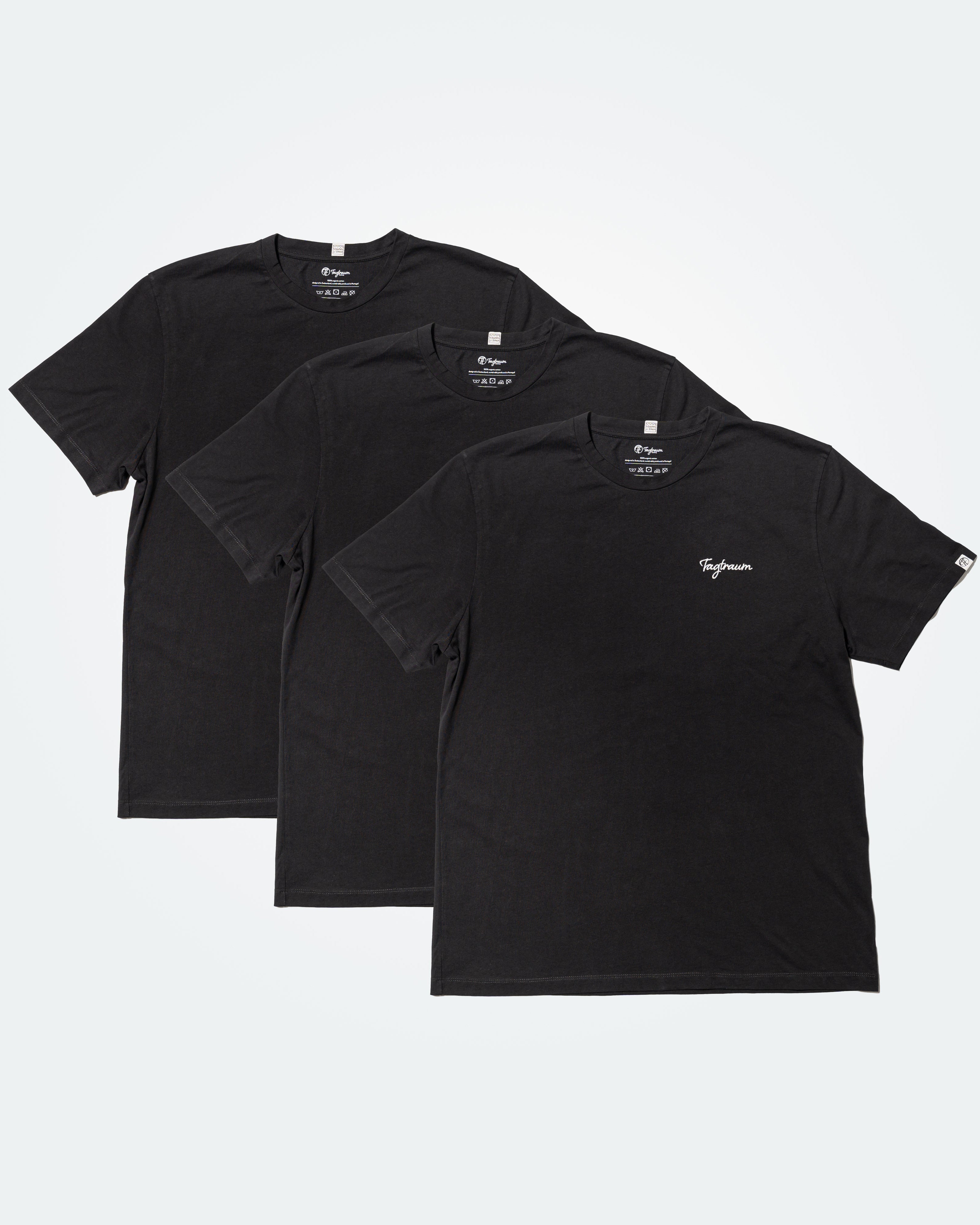 Unser beliebtes Tagtraum Unisex Shirt aus 100% Bio-Baumwolle in Schwarz, im praktischen 3er Set zum Vorteilspreis.