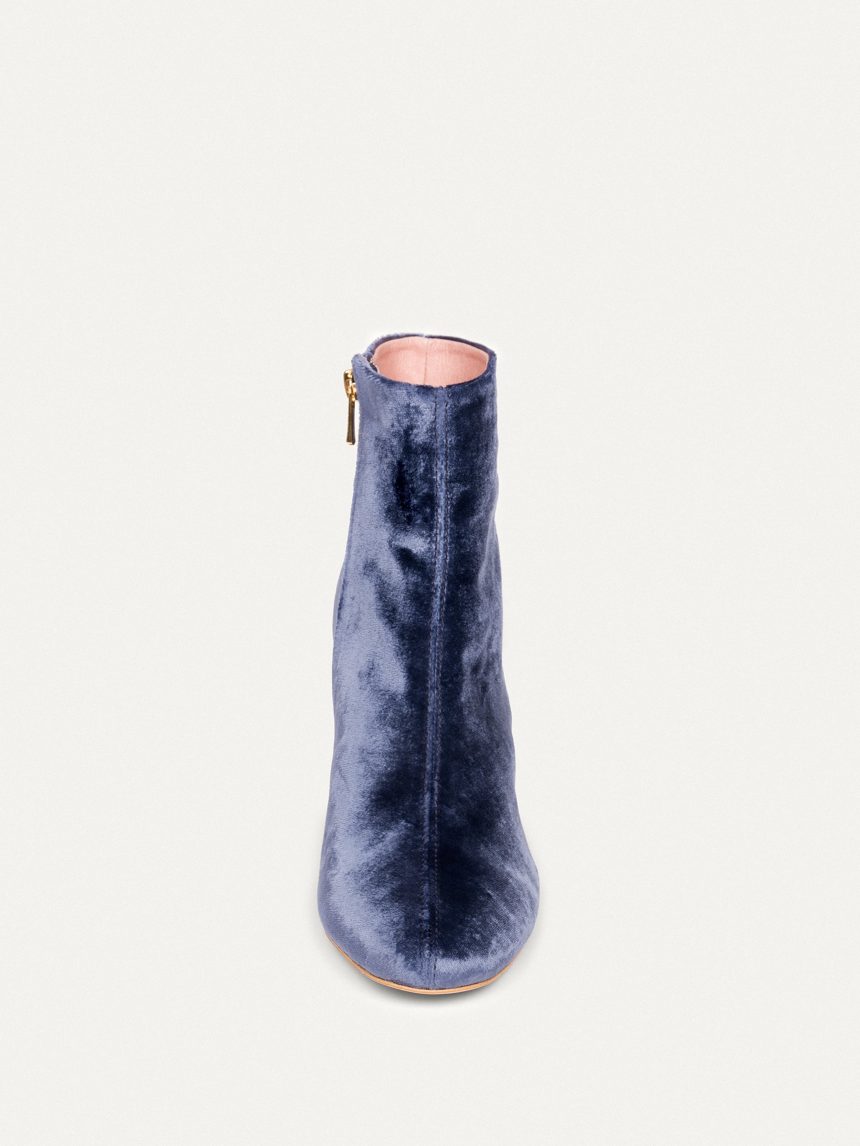 Bikkou 6PM Expo at the Gallery gray blue velvet ankle boots front view