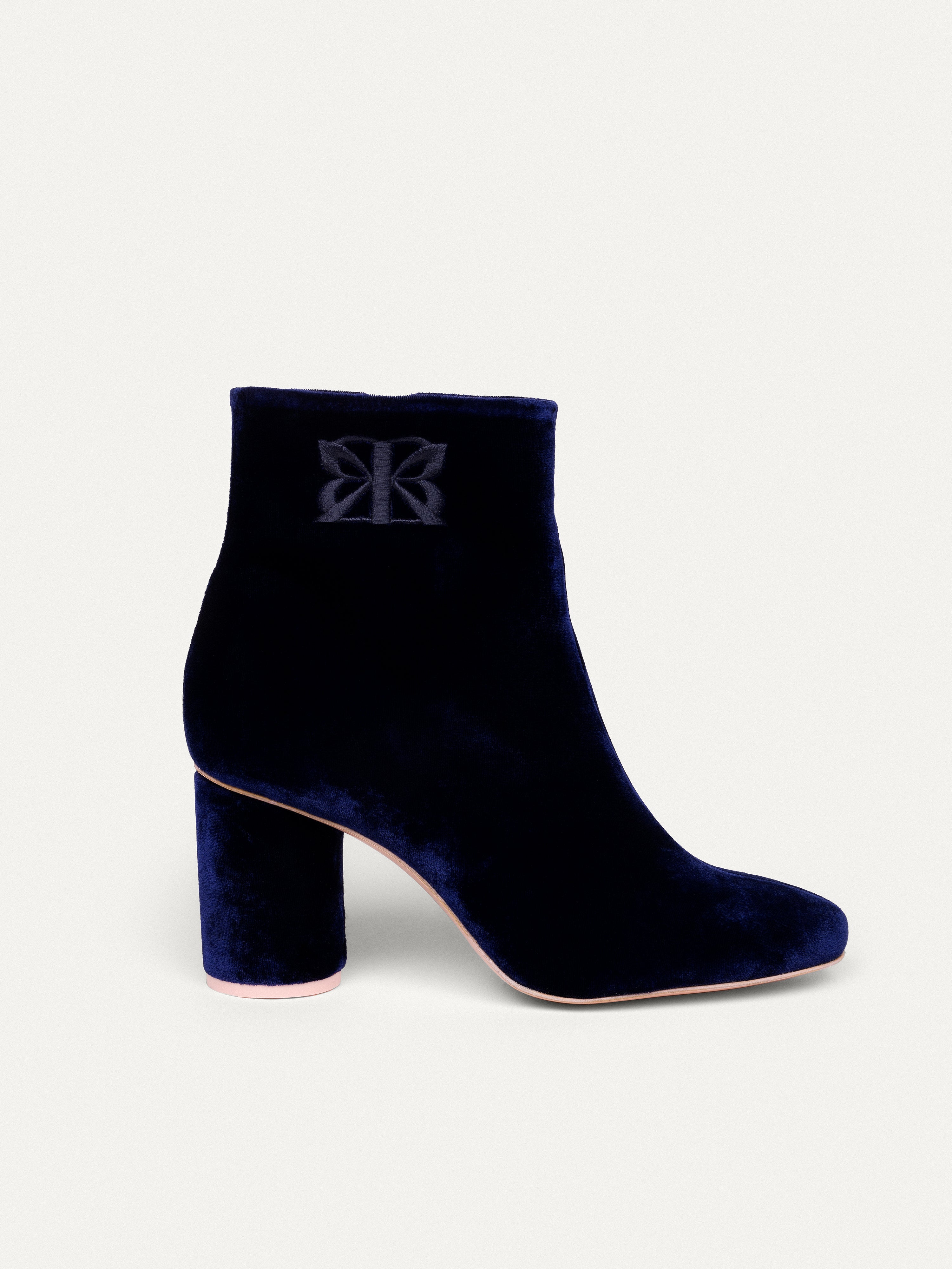 Midnight blue ankle boots 6pm Expo at the Gallery made from recycled velvet by Bikkou