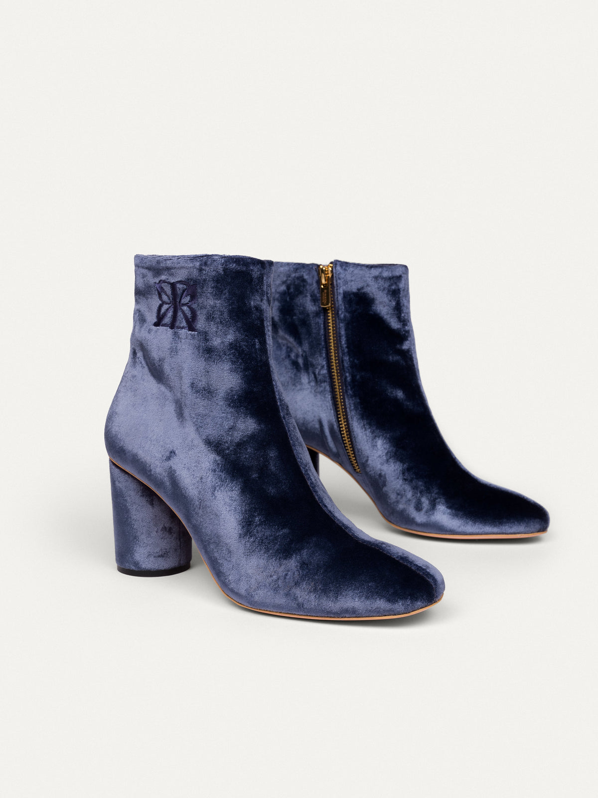 Bikkou 6PM Expo at the Gallery gray blue velvet ankle boots side view