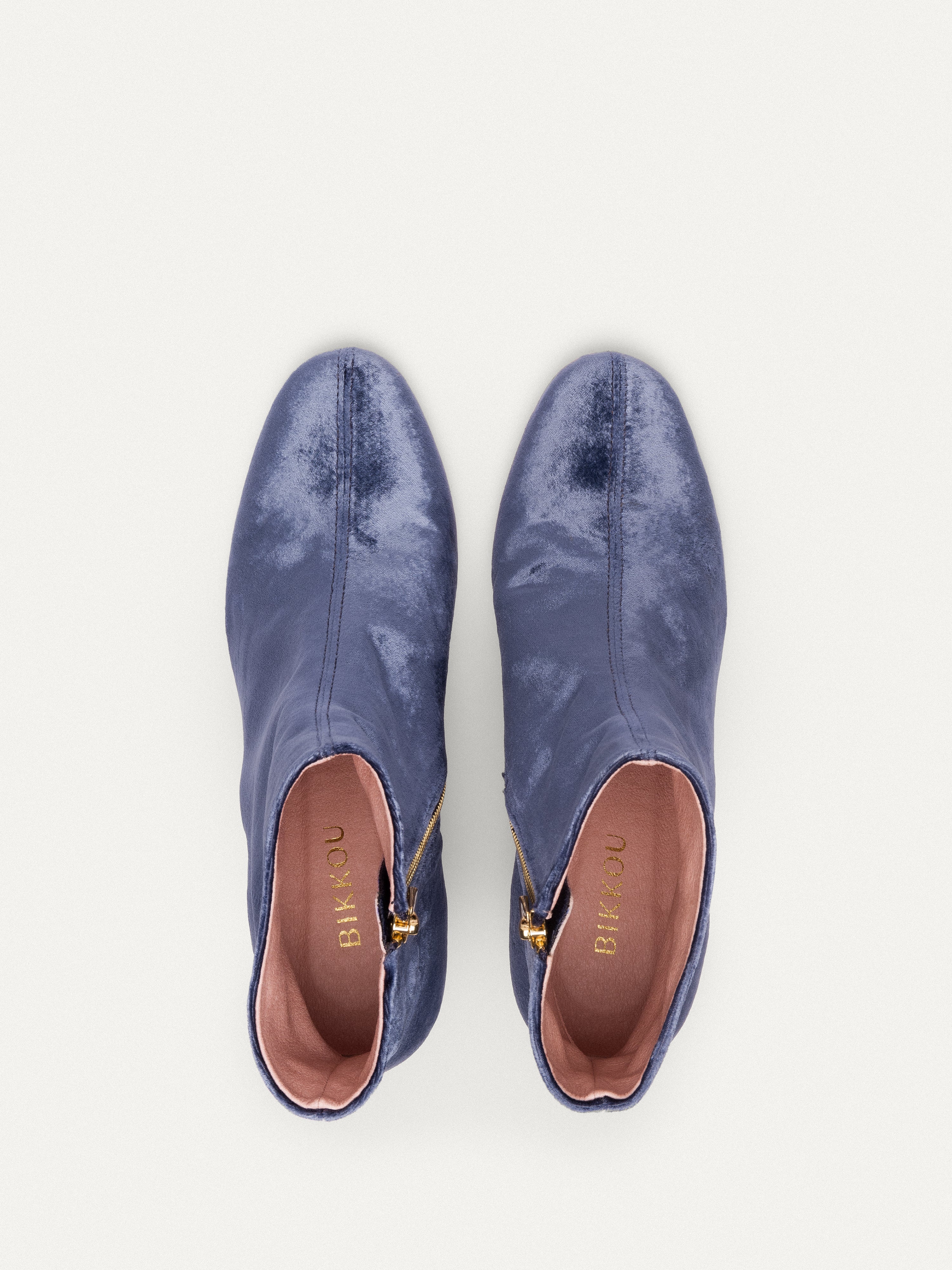 Bikkou 6PM Expo at the Gallery gray blue velvet ankle boots top view