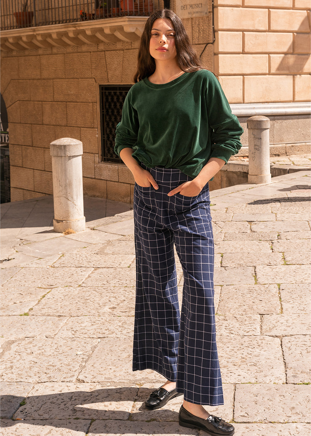 Pantalon Geena en coton bio à carreaux bleus de Komana