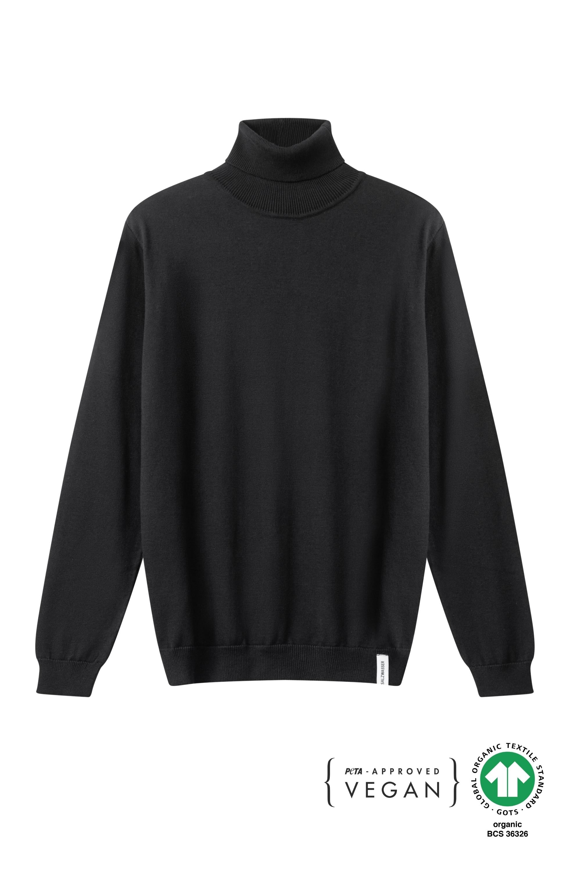 Schwarzer Feinstrick Rollkragenpullover von SALZWASSER aus veganer Bio-Baumwolle _men _women