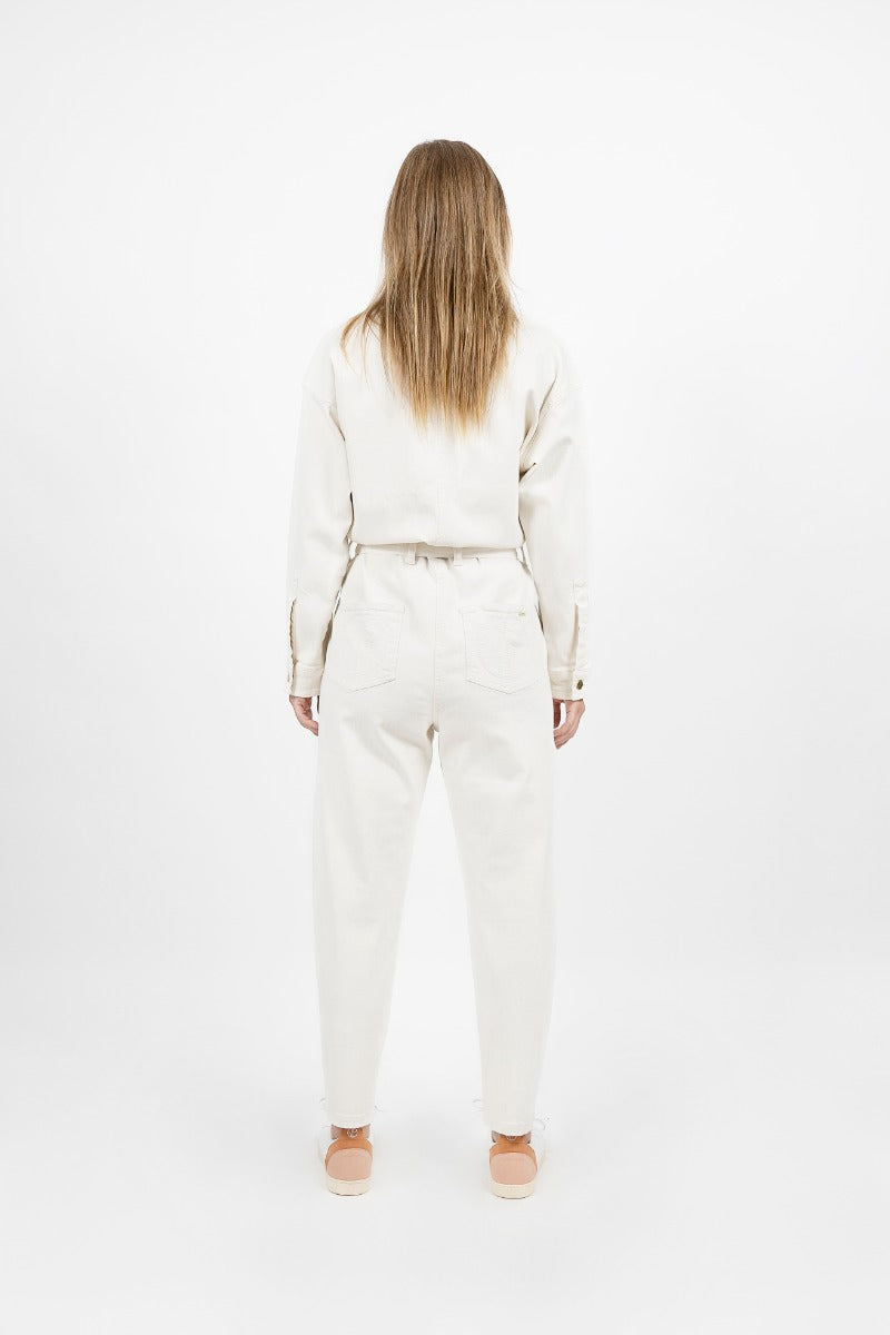 White denim overall San Francisco SFO made from organic cotton by 1 People