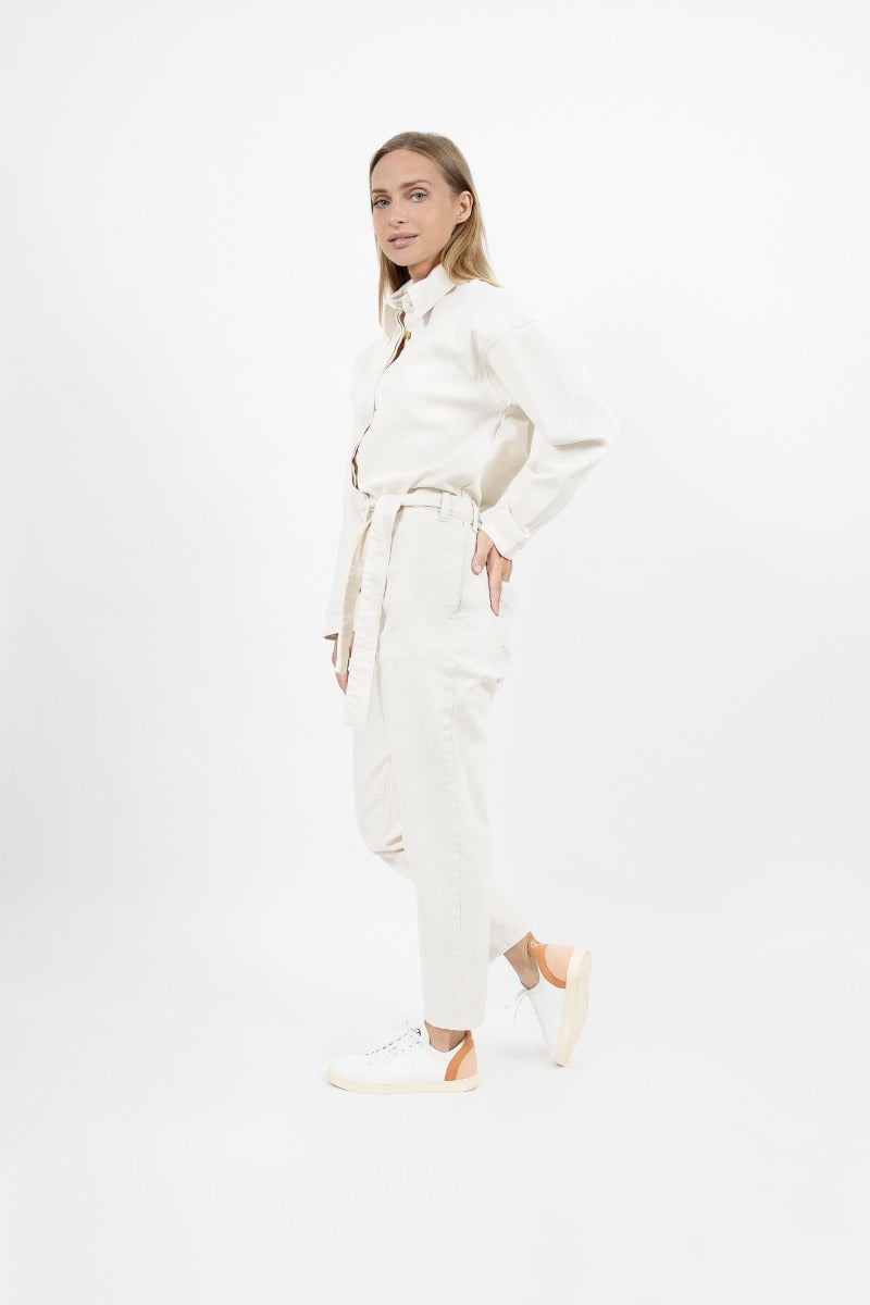 White denim overall San Francisco SFO made from organic cotton by 1 People