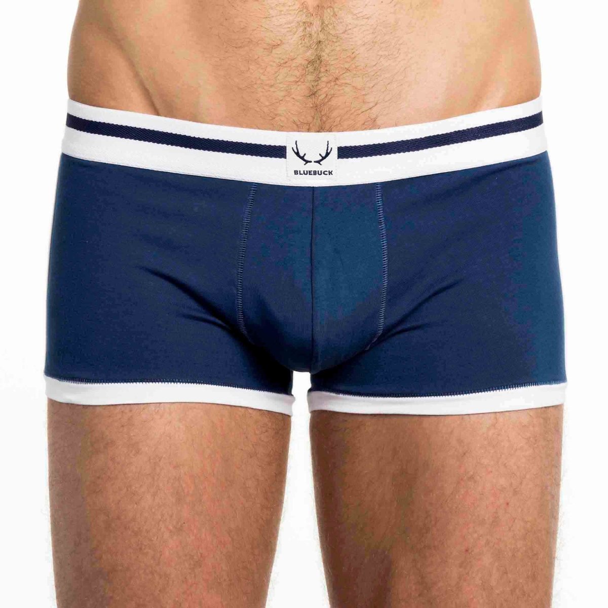 Boxer homme bleu marine en coton bio - bordures blanches - BLUEBUCK