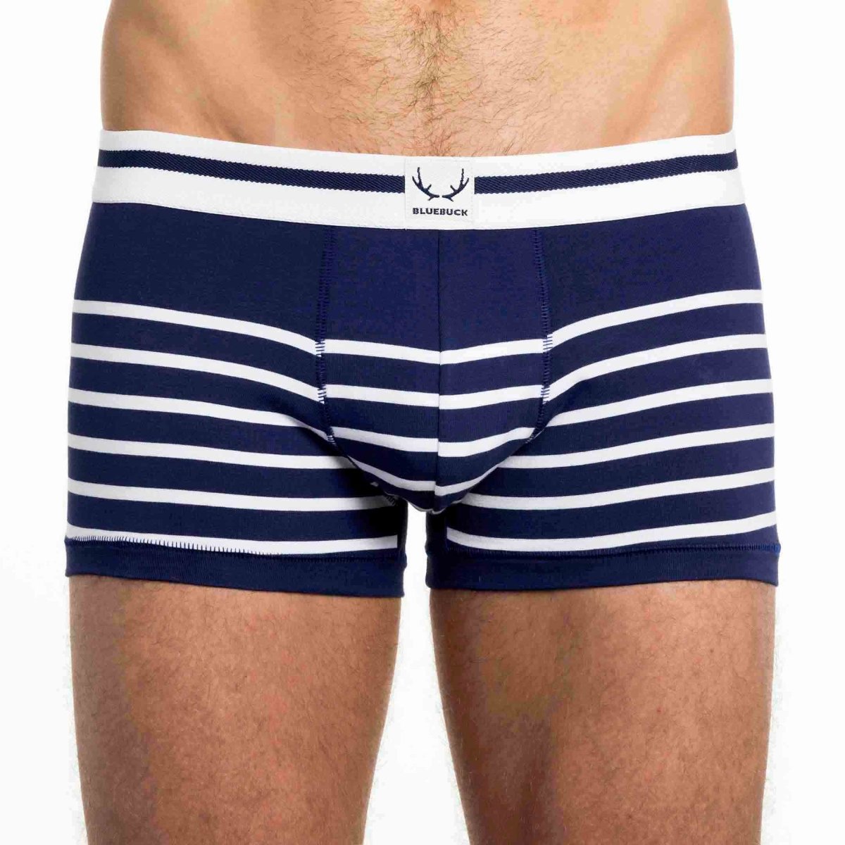 Boxer homme bleu marine en coton bio - rayures blanches - BLUEBUCK