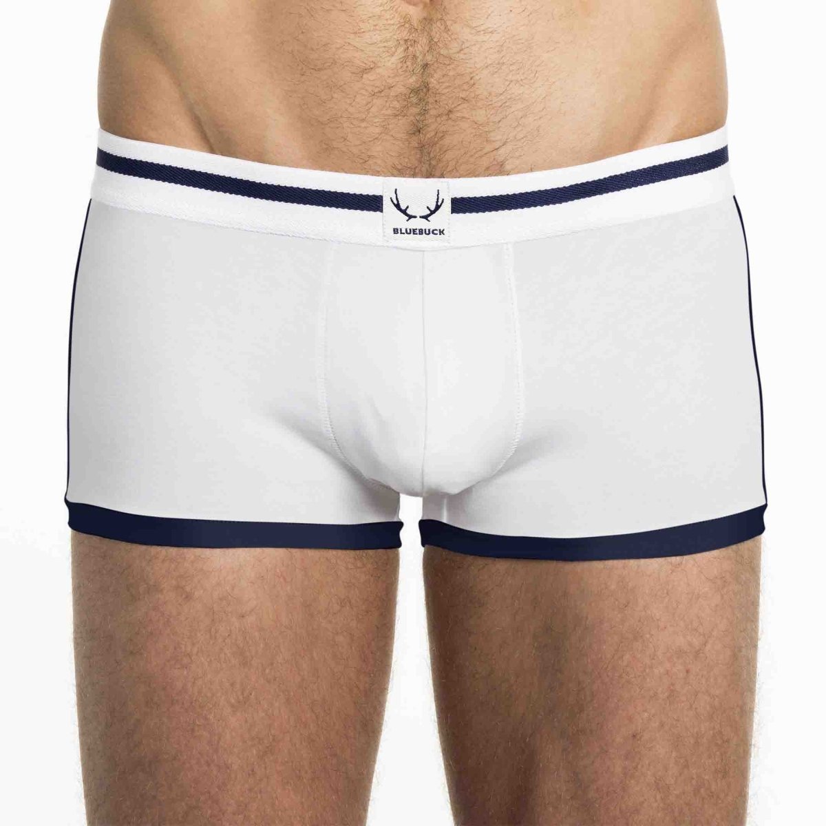 Boxer homme en coton bio blanc - bordures bleu marine - BLUEBUCK