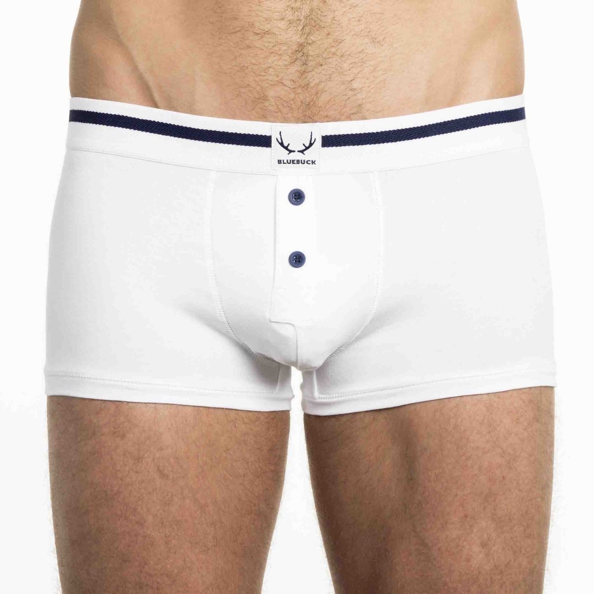 Boxer homme en coton bio blanc - boutons bleu marine - BLUEBUCK