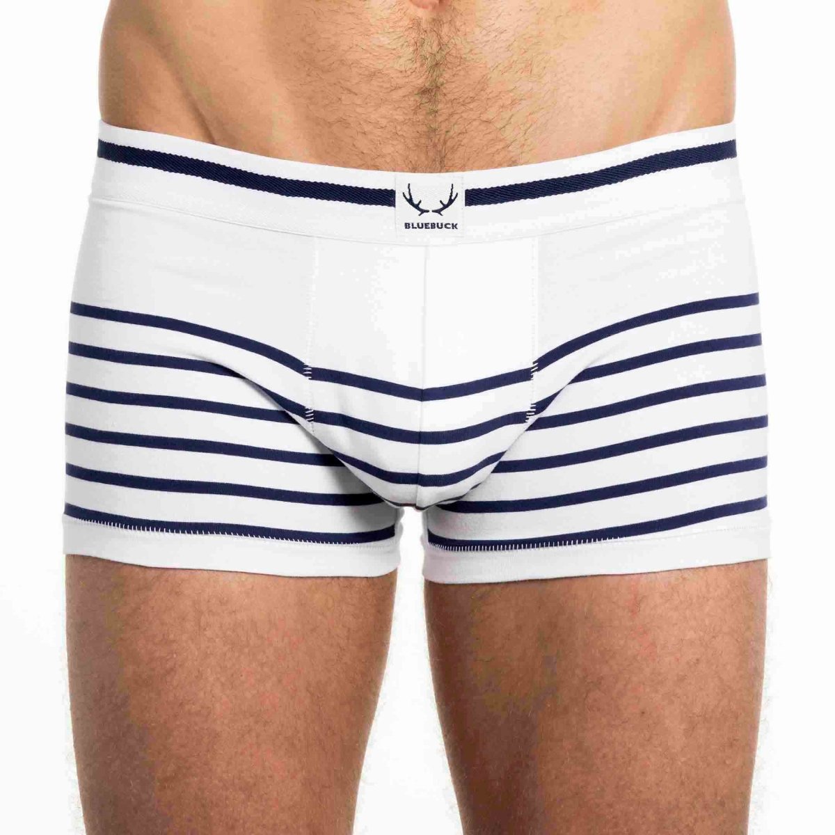 Boxer homme en coton bio blanc - rayures bleu marine - BLUEBUCK