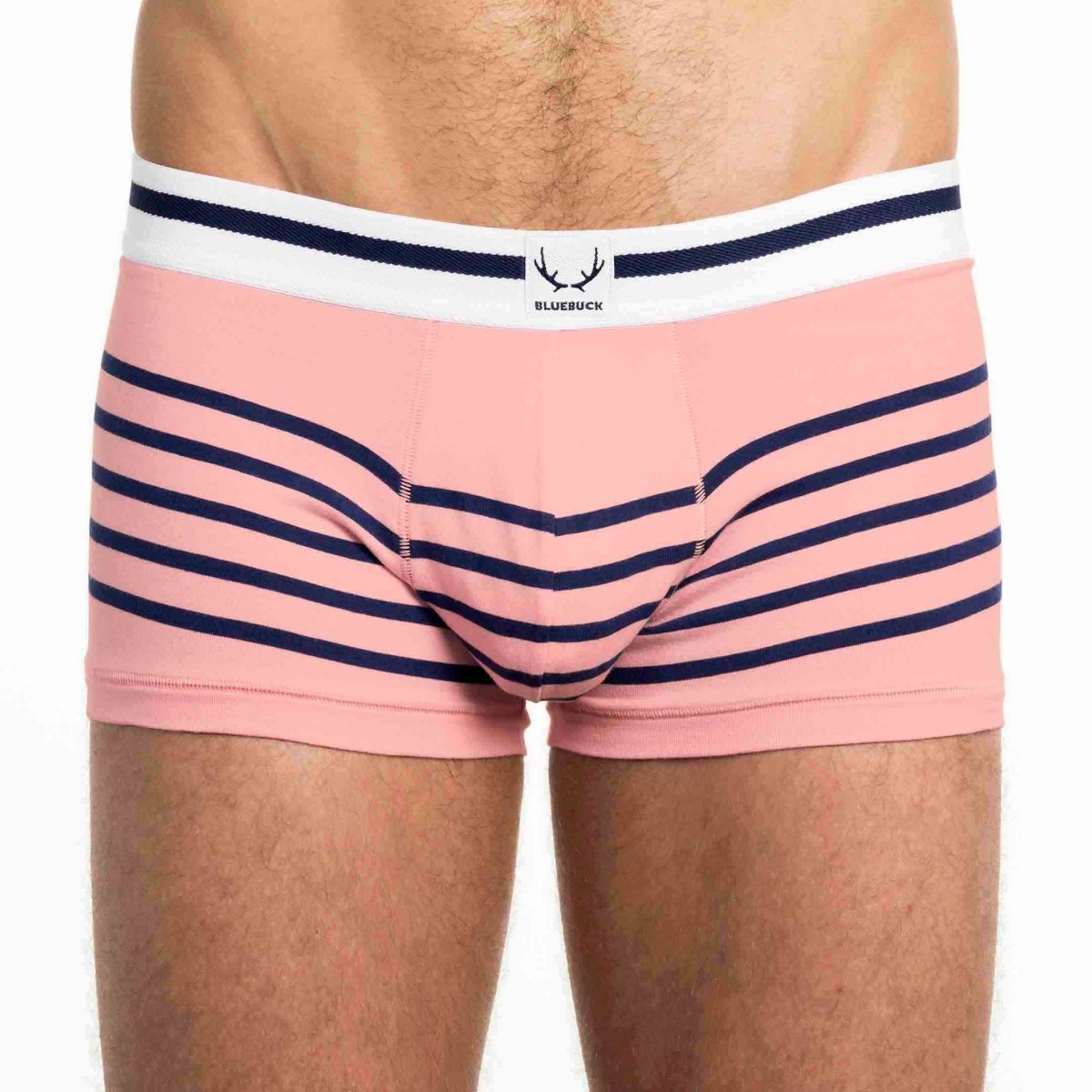 Boxer homme en coton bio rose - rayures bleu marine - BLUEBUCK