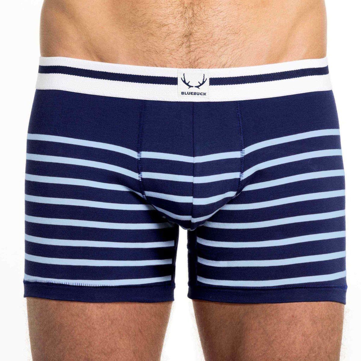 Boxer long homme bleu marine en coton bio - rayures bleu ciel - BLUEBUCK