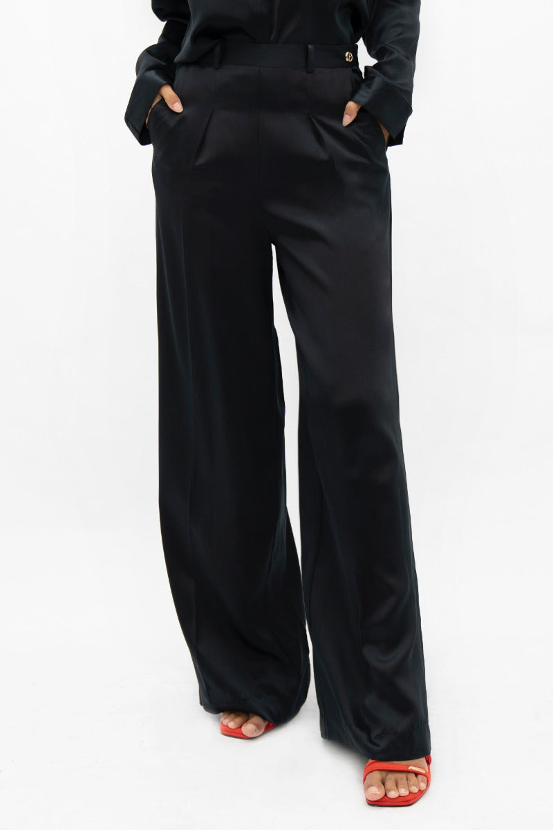 Black wide-leg trousers Branson BKG made of 100% silk by 1 People