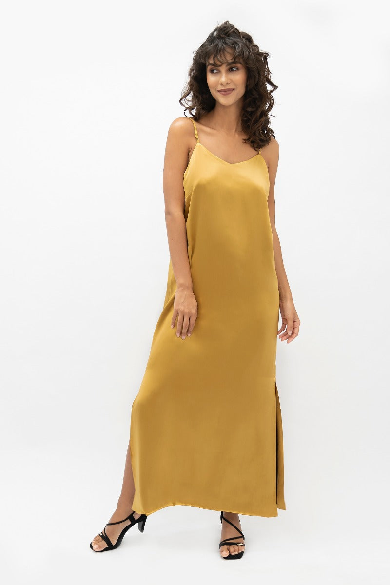 Gelbes, ärmelloses Kleid Calabar CBQ aus 100% Seide von 1 People