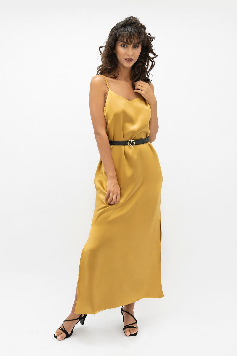 Gelbes, ärmelloses Kleid Calabar CBQ aus 100% Seide von 1 People