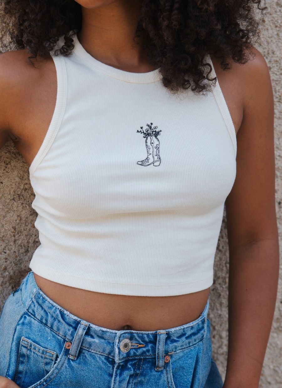 Cream organic cotton cowgirl boot crop top by Narah Soleigh