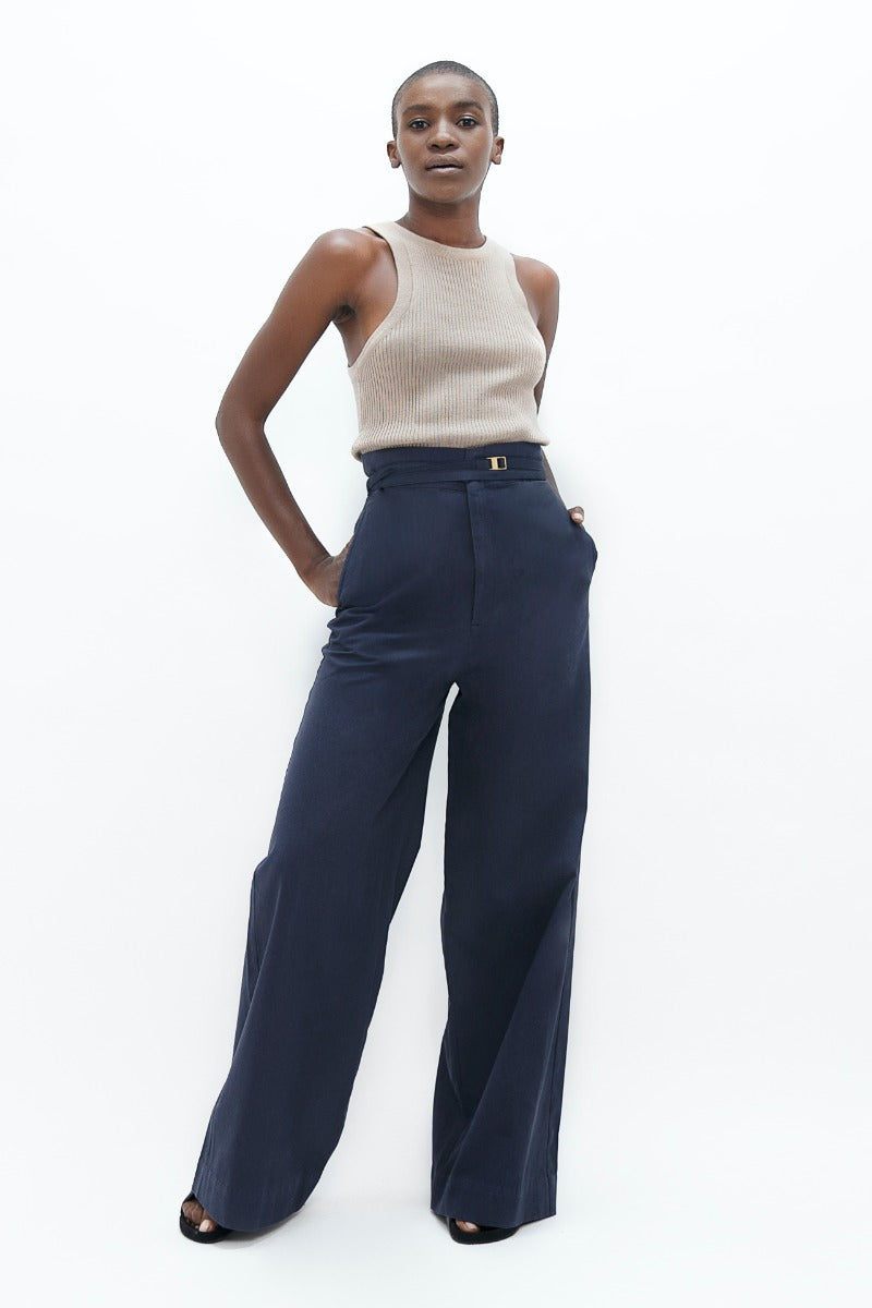 Dark blue, wide-cut trousers Florence FLR made of organic cotton by 1 People