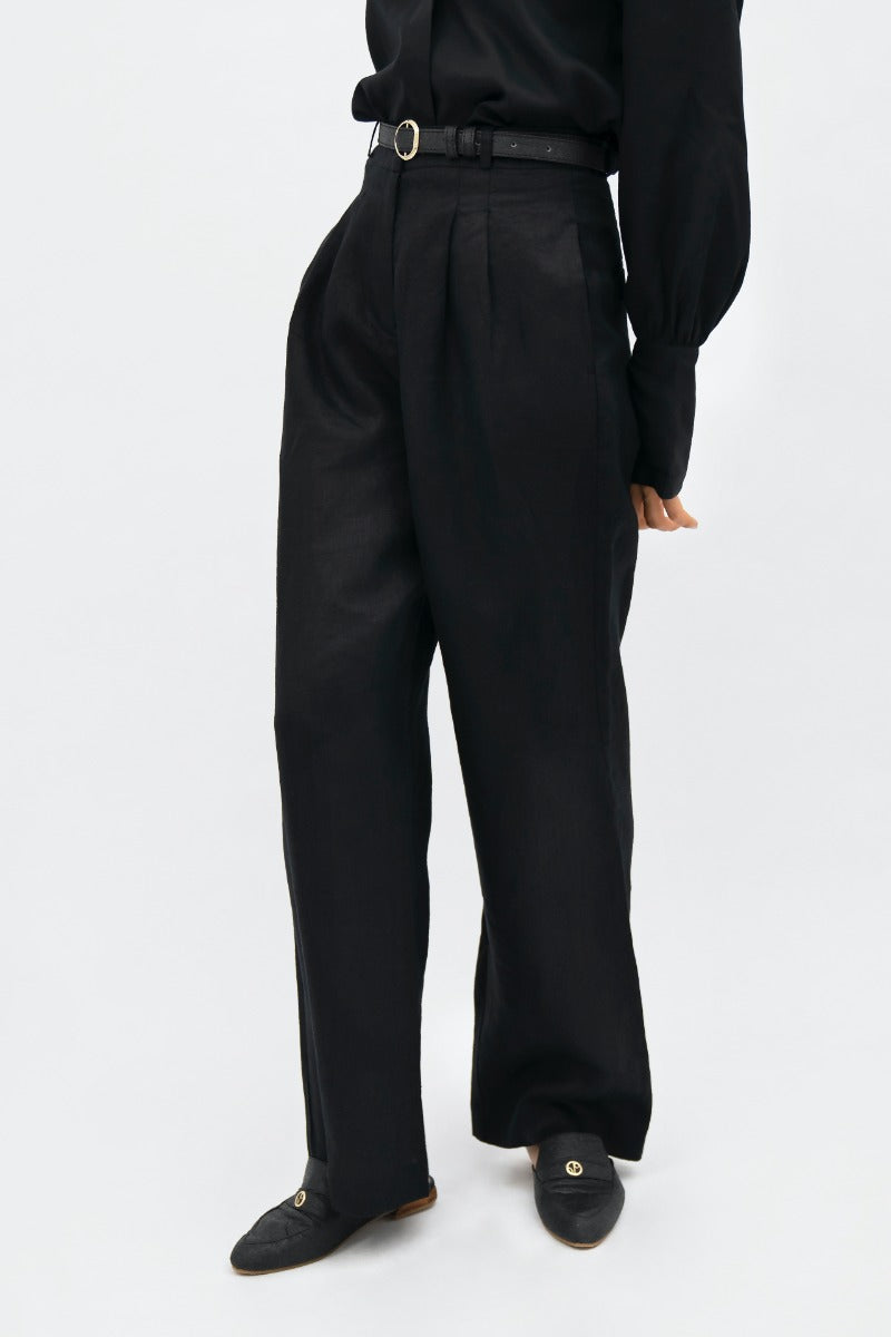 Black wide-leg trousers French Riviera NCE made of 100% linen by 1 People