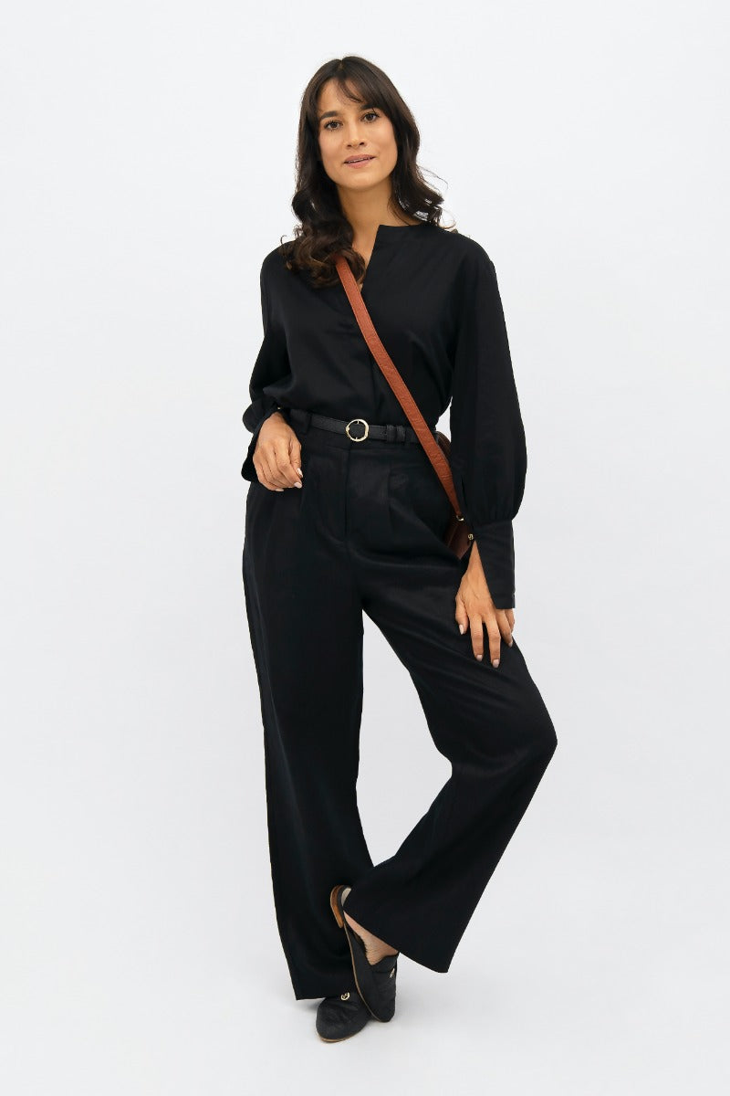 Black wide-leg trousers French Riviera NCE made of 100% linen by 1 People