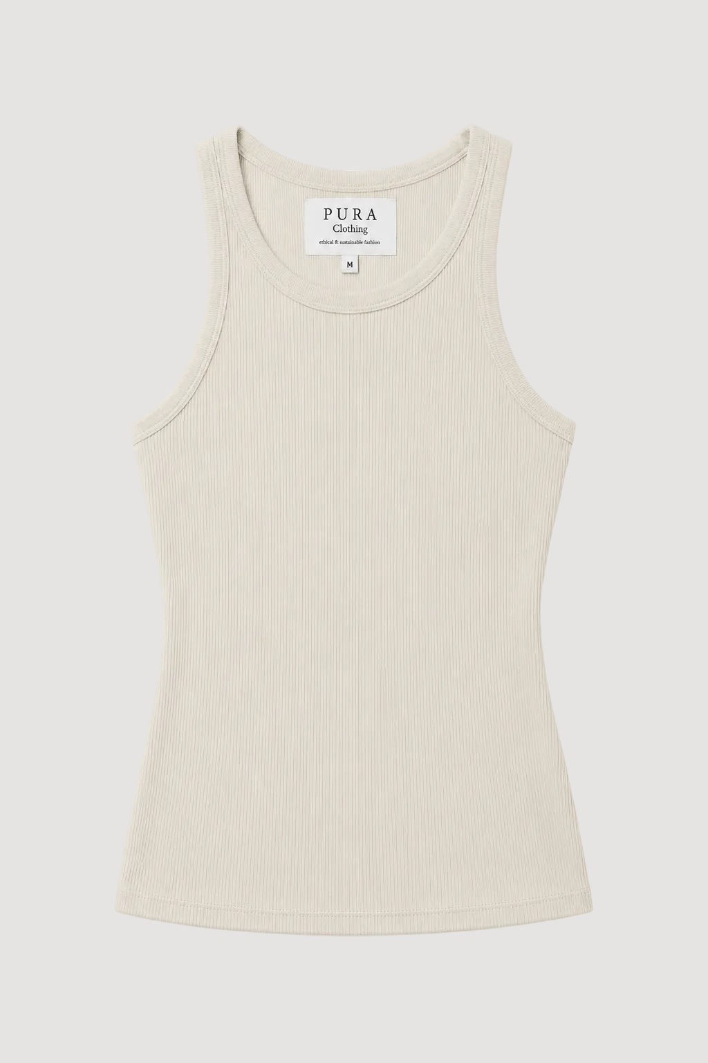 A sleeveless ribbed tank top in a light cream or off-white color, laid flat against a clean white background. The brand label 'PURA clothing' is visible at the inner collar.