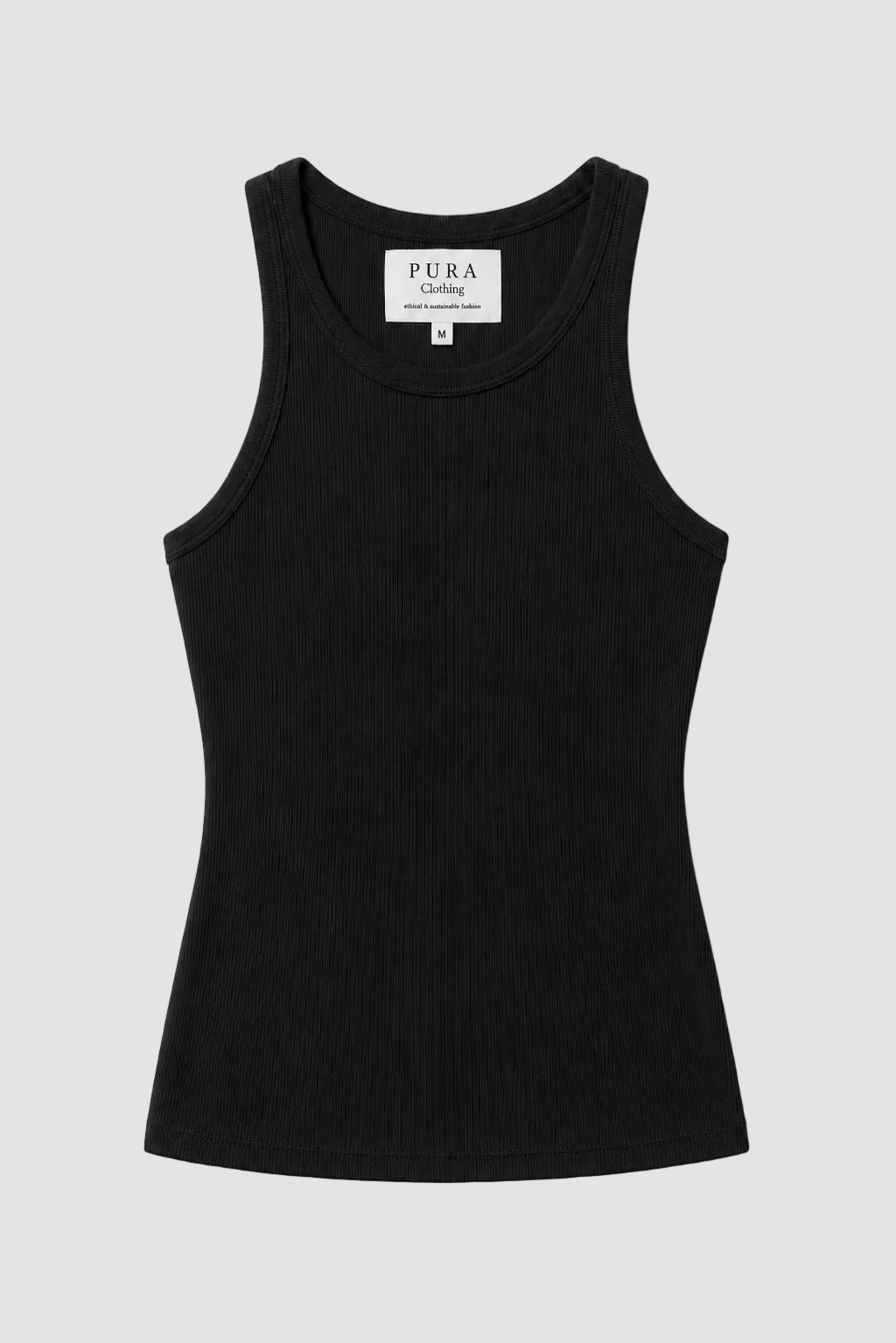 A black ribbed tank top with a crew neck, displayed flat against a light gray background. The brand label 'PURA clothing' is visible inside the collar.