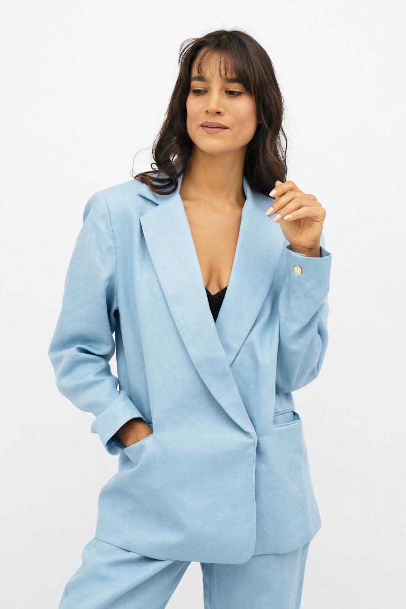 Light blue oversized blazer Havana HAV made of 100% linen by 1 People