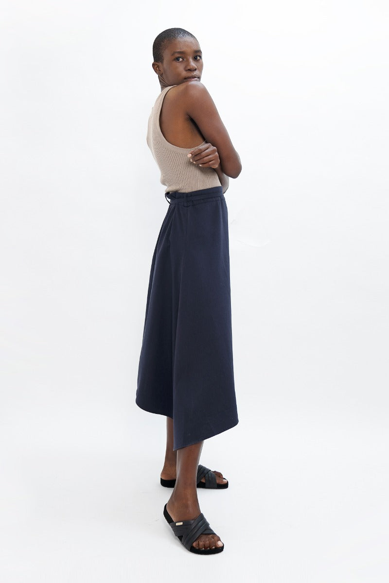 Dark blue asymmetric skirt Mallorca PMI made of organic cotton by 1 People