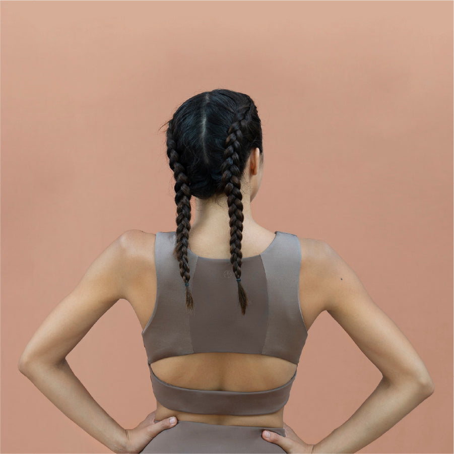 Brown crop top Portland PDX made from Econyl® regenerated nylon by 1 People