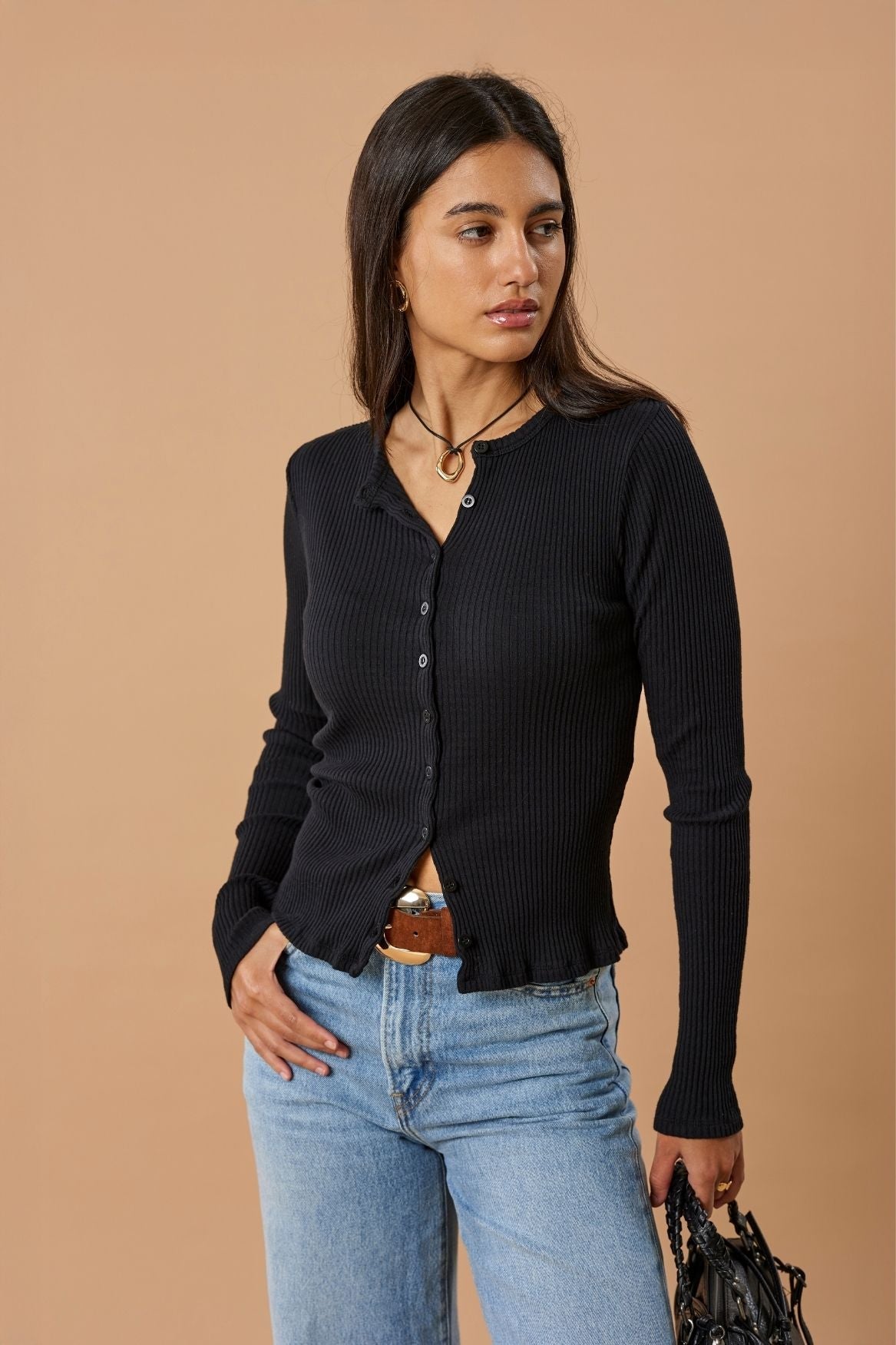Ribbed Cardigan Organic Cotton - Black von Narah Soleigh