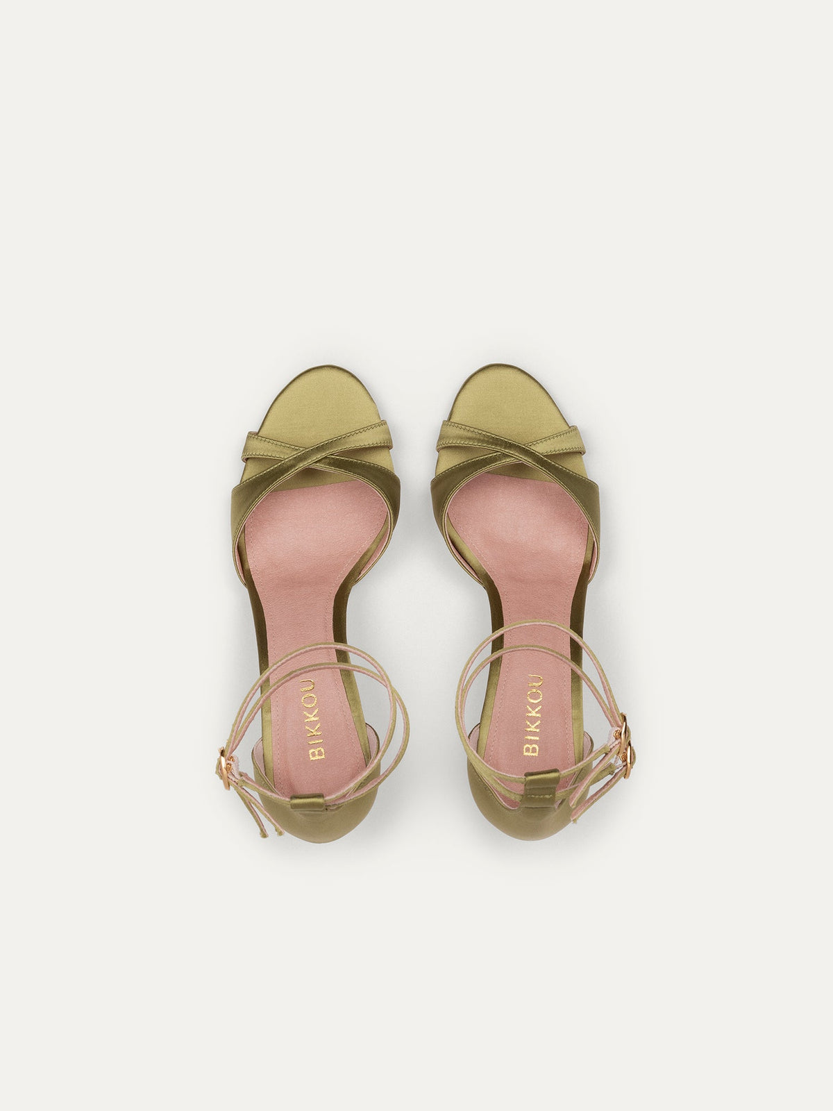Bikkou 12:30PM Summer Lunch green satin heeled sandals top view