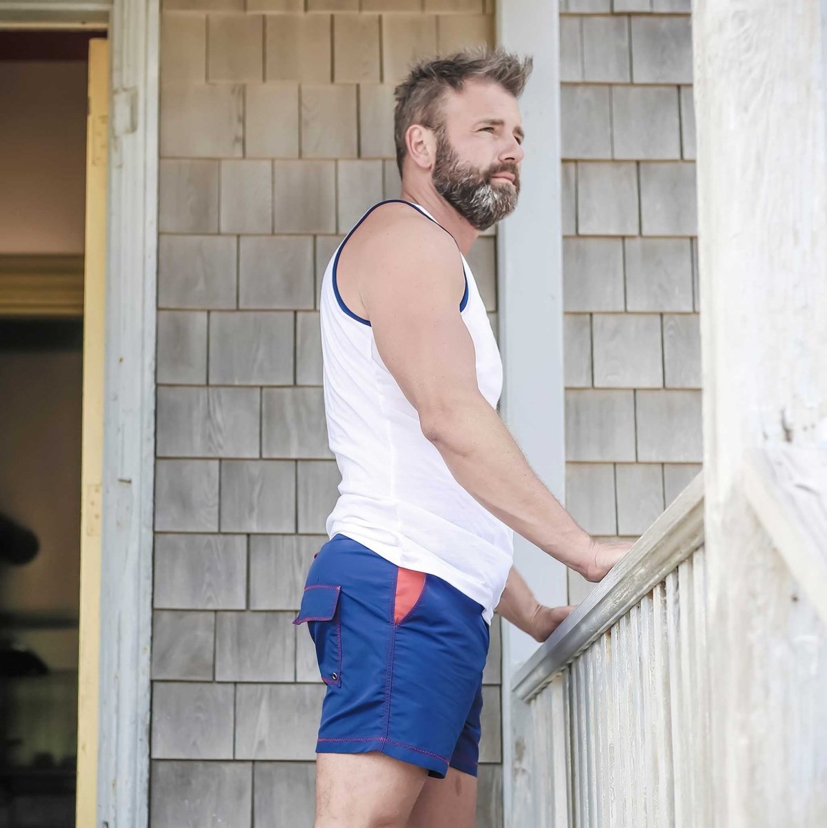 Blue swimming trunks made from recycled polyester from Bluebuck