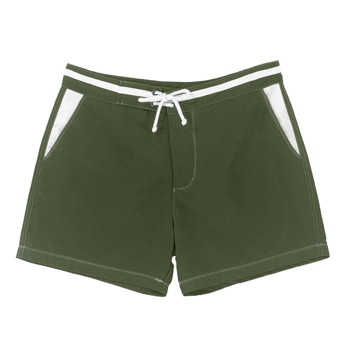 Short de bain homme khaki en polyester recyclé - détails blancs - BLUEBUCK