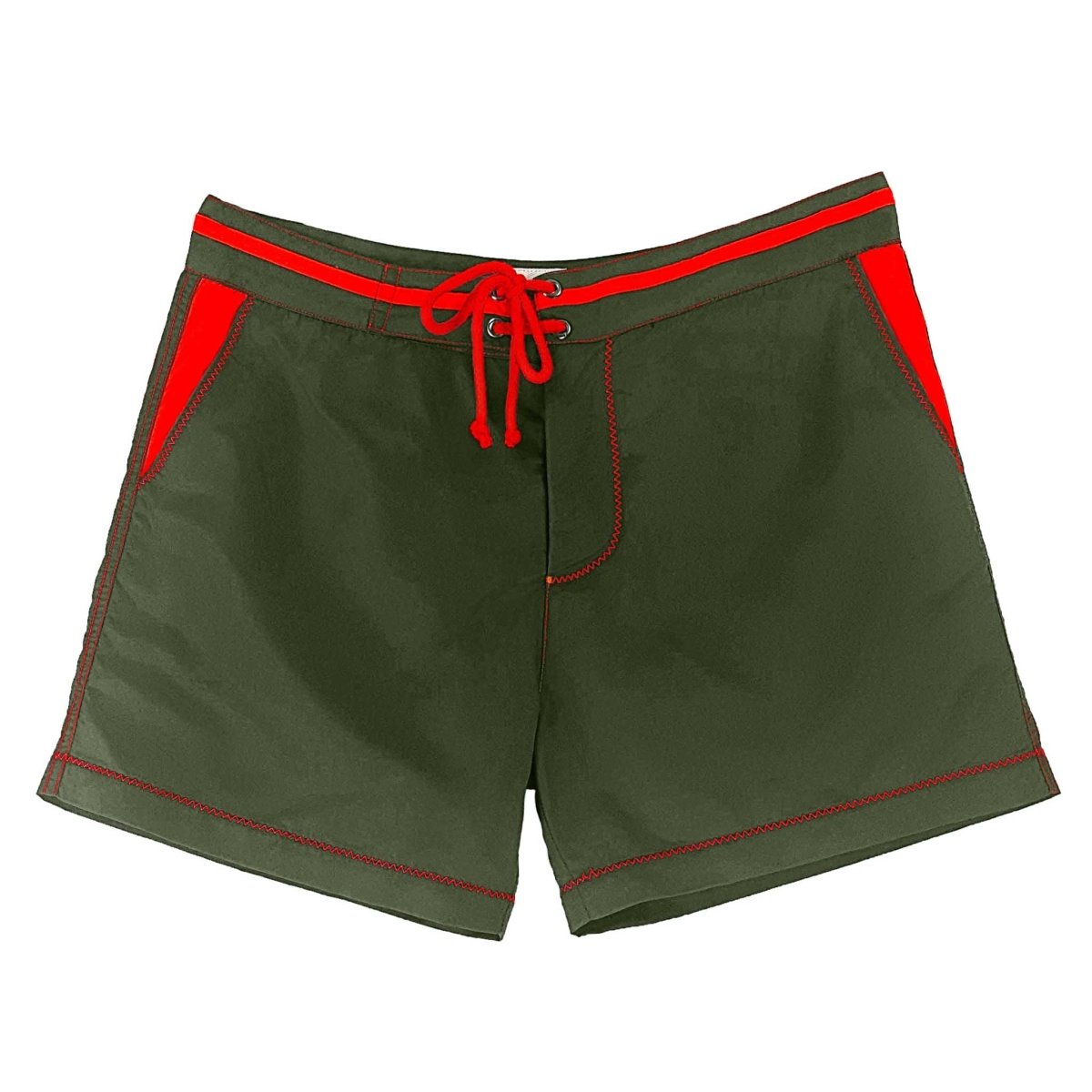 Short de bain homme khaki en polyester recyclé - détails rouges - BLUEBUCK