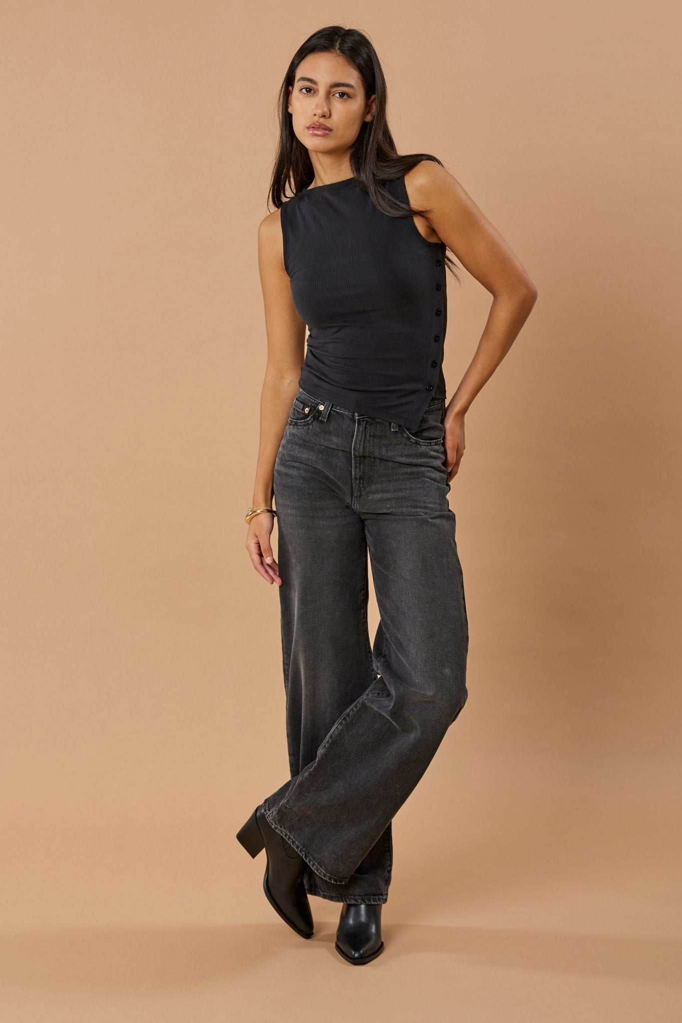 Side Button Top Cupro - Faded Black Rib - Narah Soleigh | Luxe Line