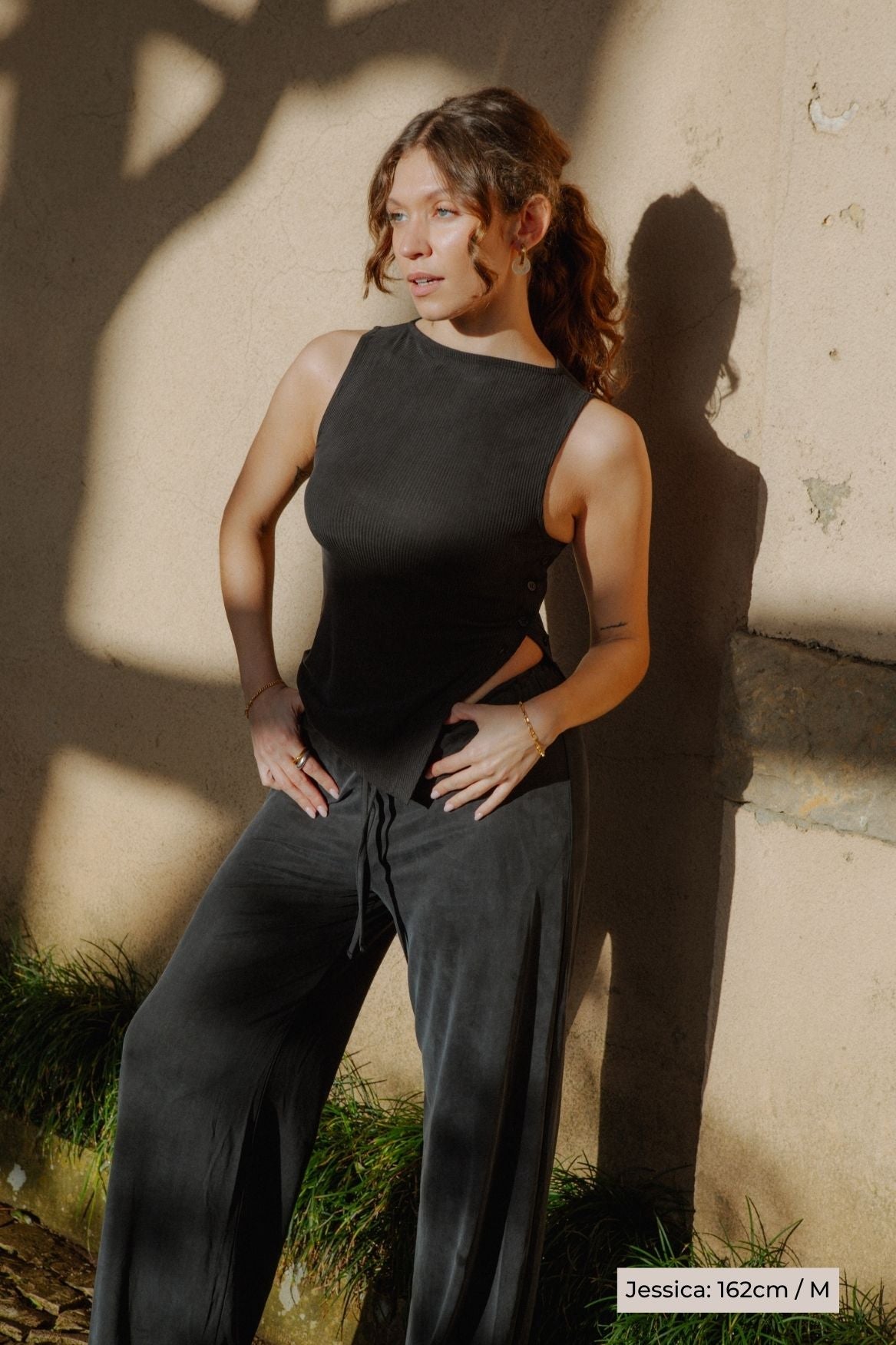 Side Button Top Cupro - Faded Black Rib - Narah Soleigh | Luxe Line