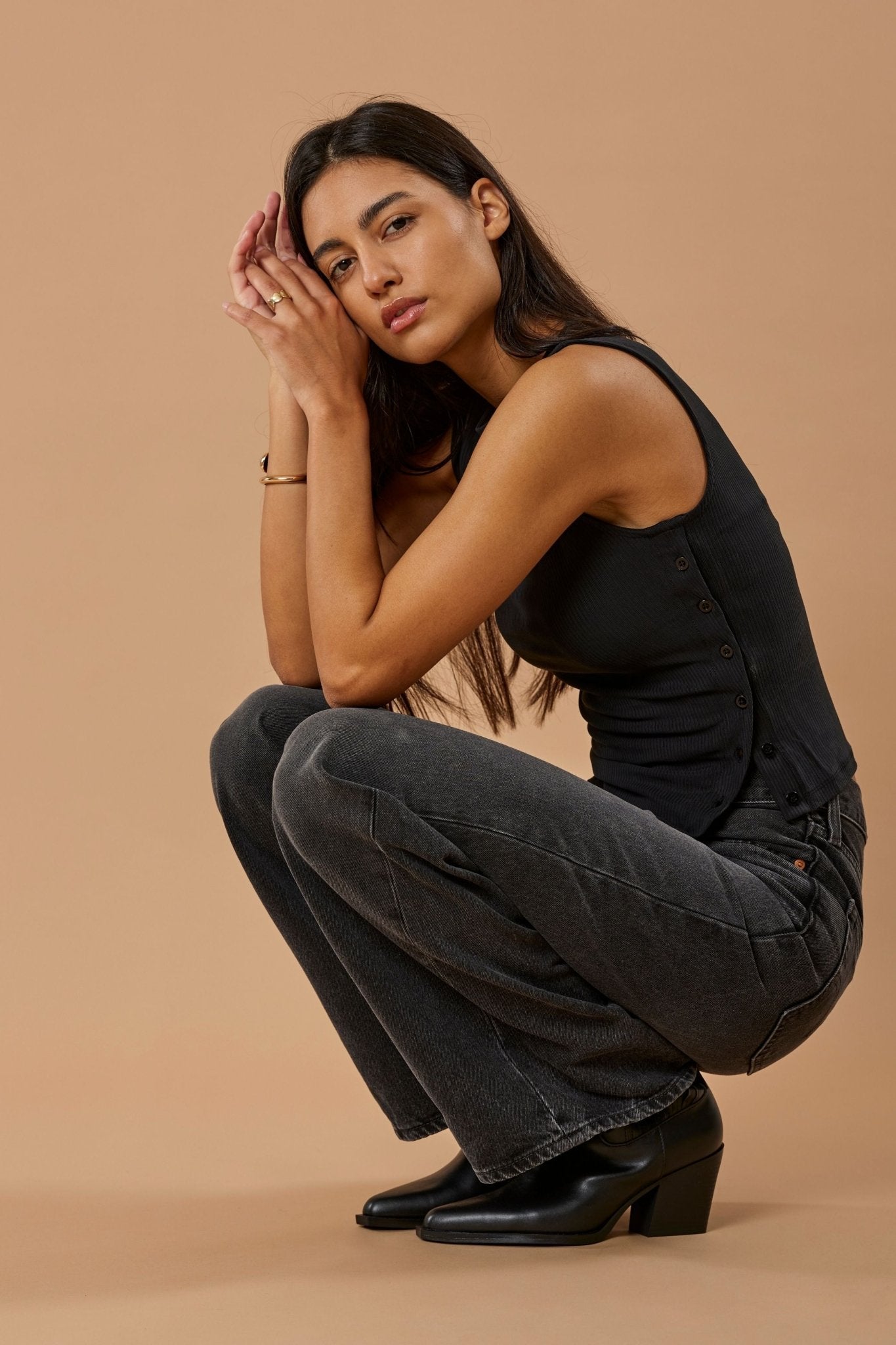 Side Button Top Cupro - Faded Black Rib - Narah Soleigh | Luxe Line