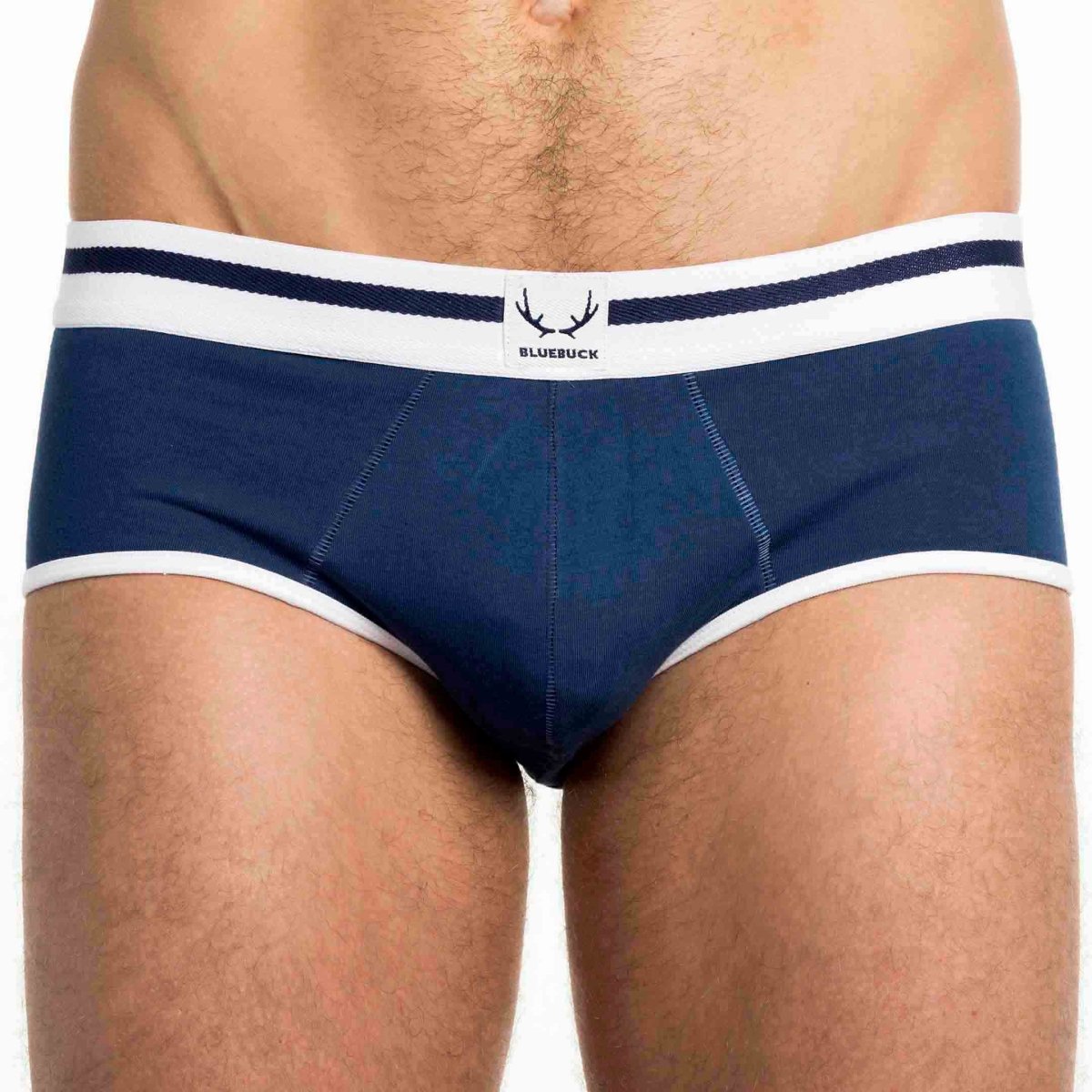 Slip homme bleu marine en coton bio - bordures blanches - BLUEBUCK