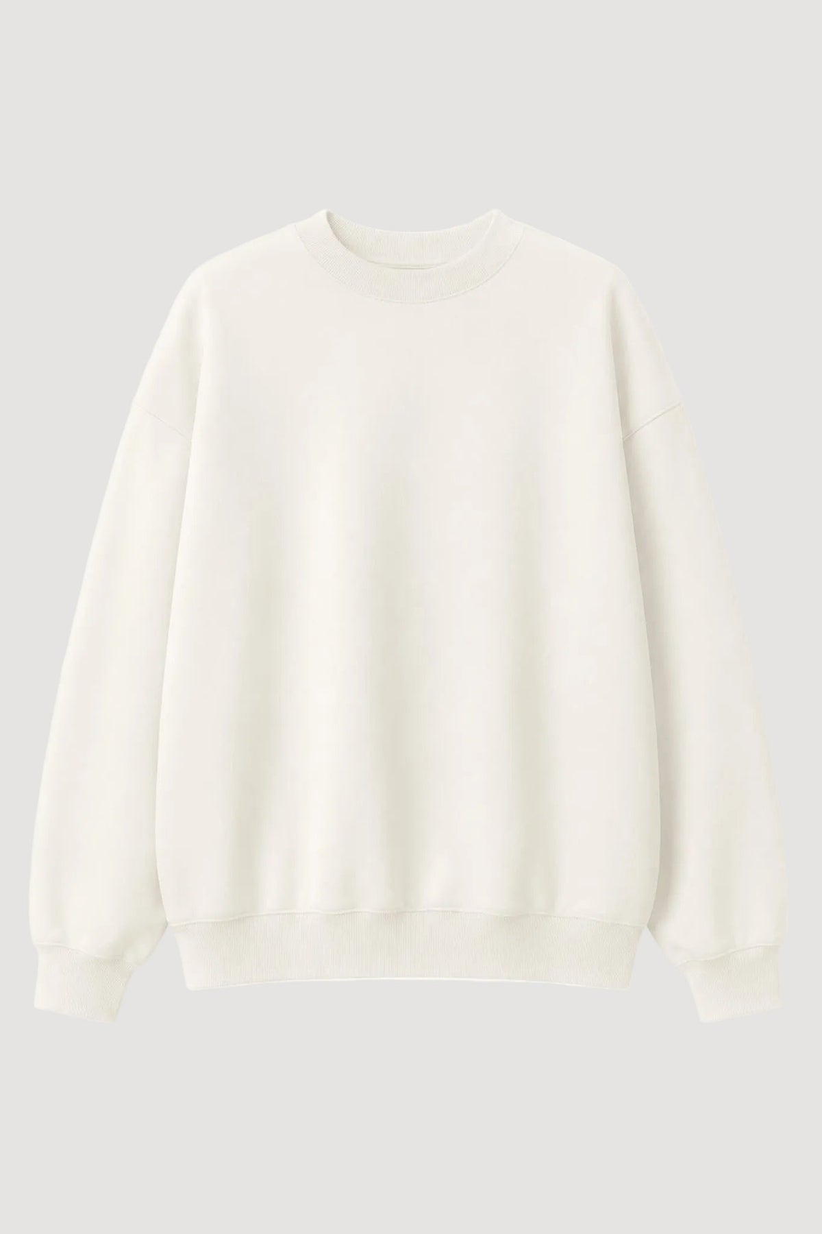 An off-white crewneck sweatshirt with long sleeves and ribbed cuffs and hem, displayed against a plain white background.