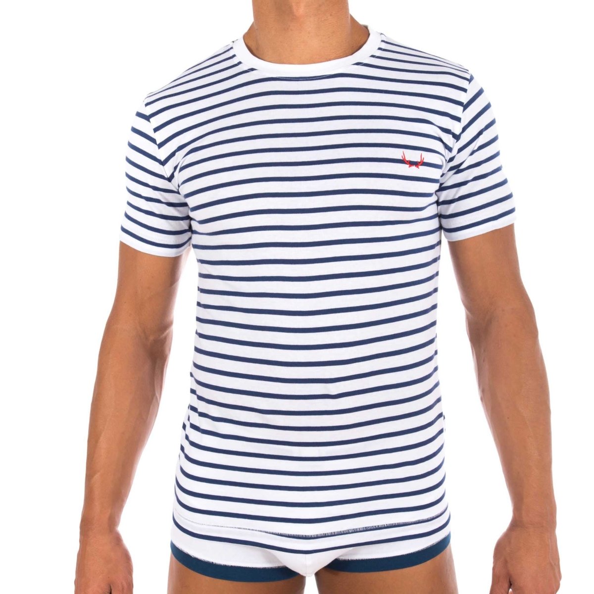 T - shirt homme blanc en coton bio - rayures bleu marine - BLUEBUCK