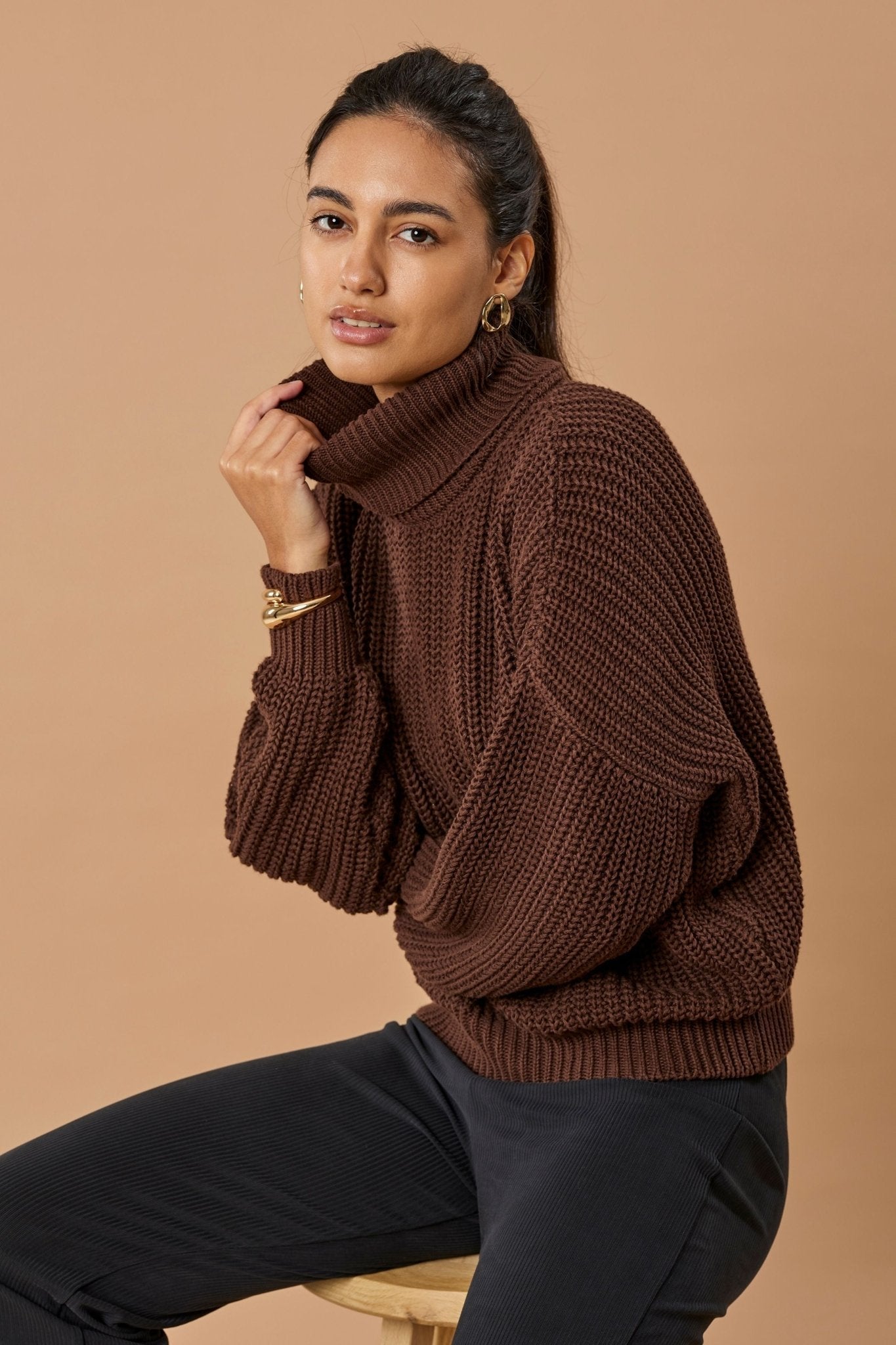 Turtleneck Knit Sweater Penelope Organic Cotton - Chocolate Brown