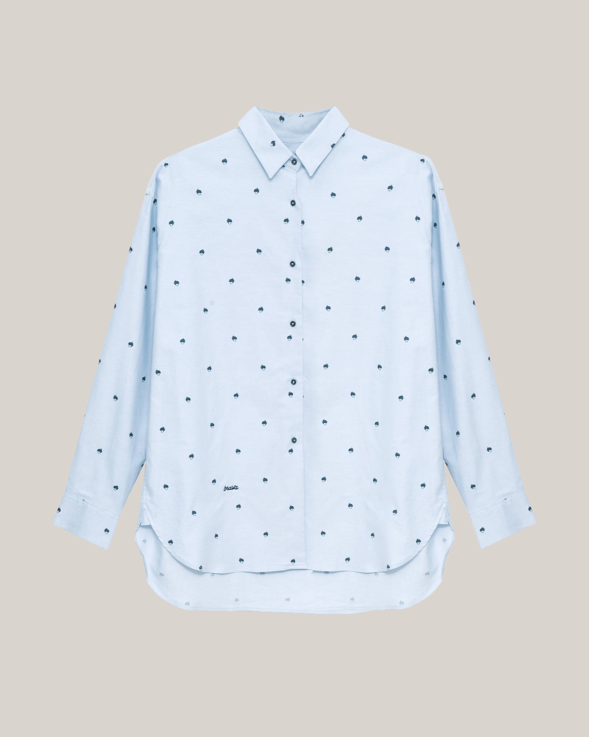 Hellblaue, bedruckte, langärmlige Bluse Yoko aus 100% Bio-Baumwolle von Brava Fabrics