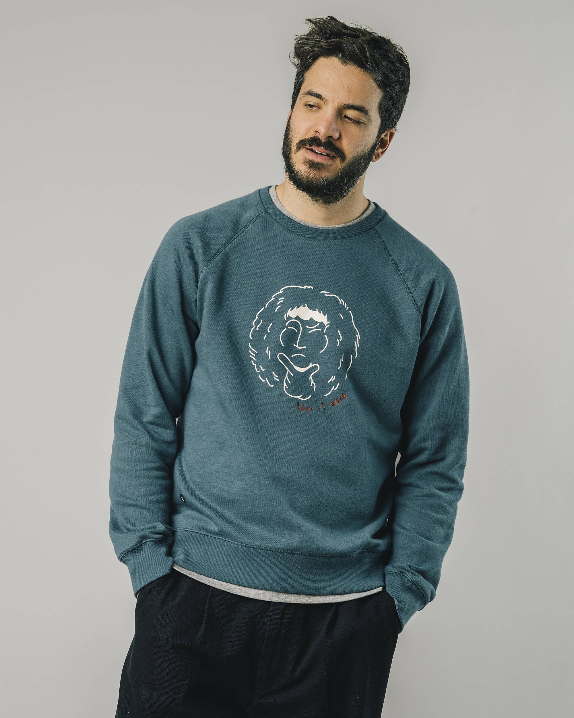 Sweatshirt "Walker" in petrol blue with great print and embroidery made of 100% organic cotton from Brava Fabrics