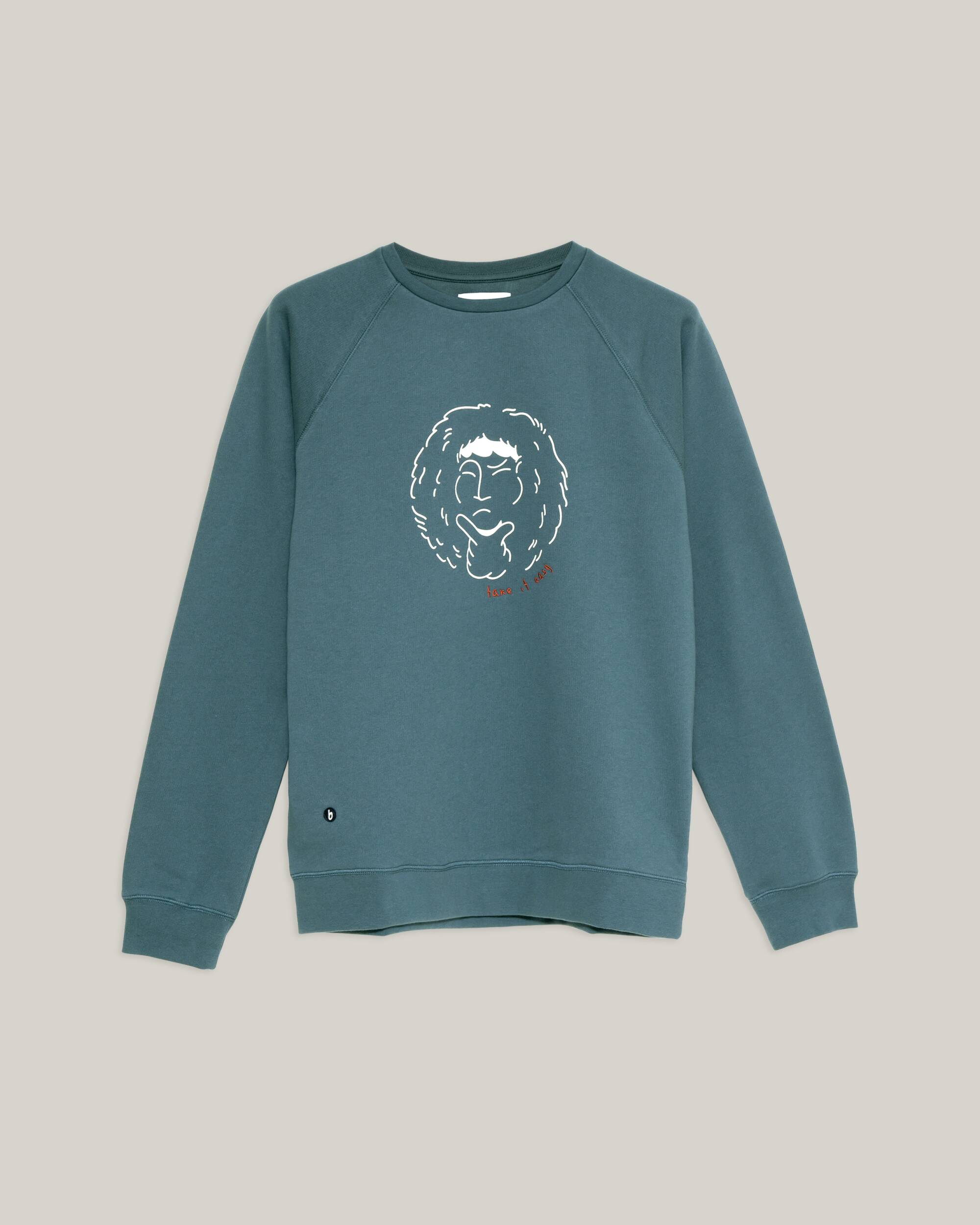 Sweatshirt "Walker" in petrol blue with great print and embroidery made of 100% organic cotton from Brava Fabrics