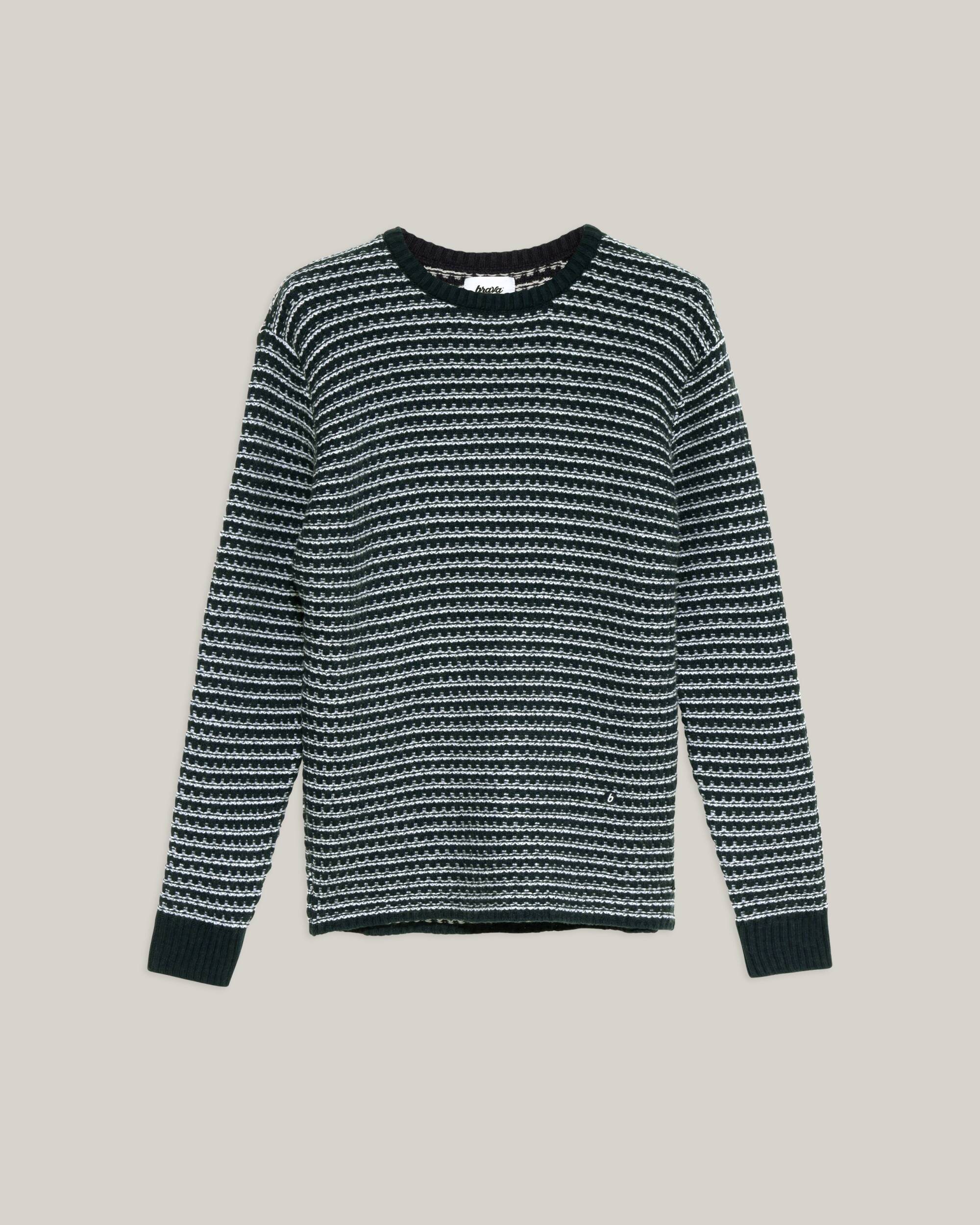 Striped sweater navy in blue and white made from recycled materials such as cashmere and wool from Brava Fabrics