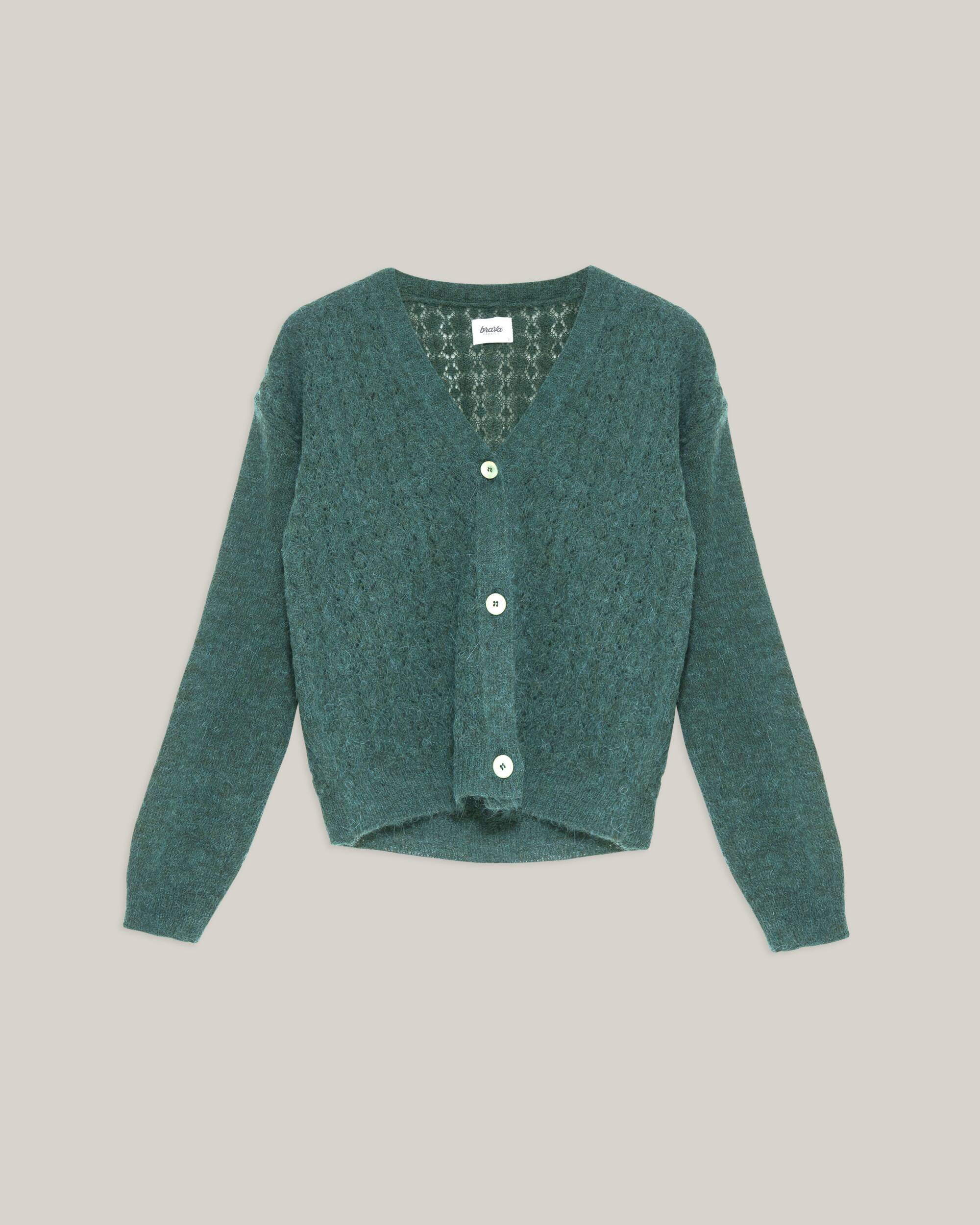 Cardigan oversize "Lace" vert fabriqué à partir de fibres 100% recyclées de Brava Fabrics