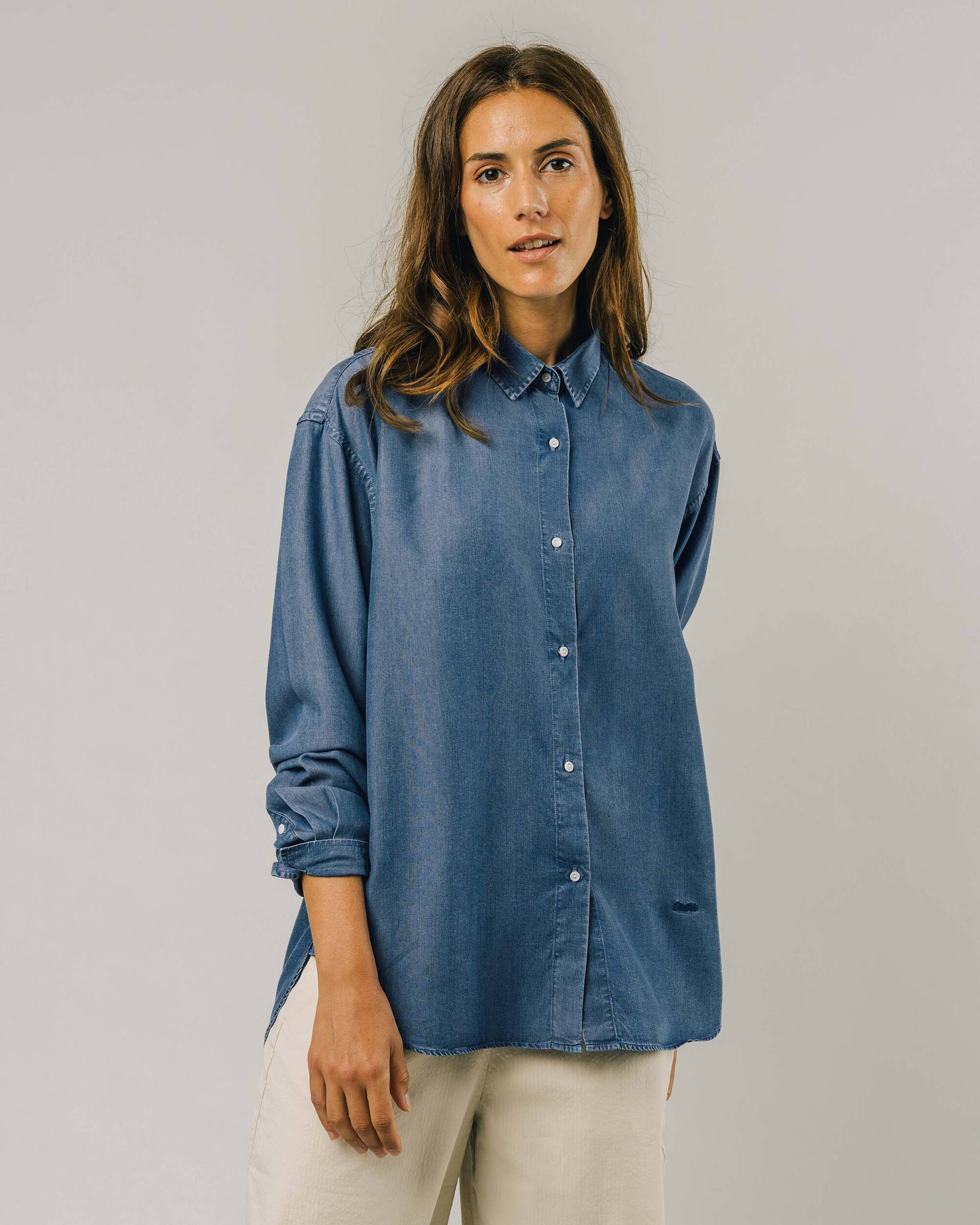 Blue, long-sleeved denim blouse made from 100% Tencel Lyocel from Brava Fabrics