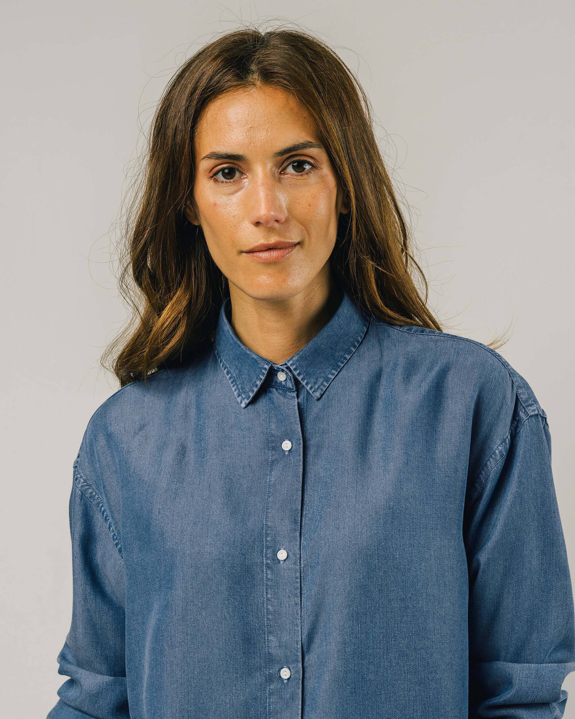 Blue, long-sleeved denim blouse made from 100% Tencel Lyocel from Brava Fabrics
